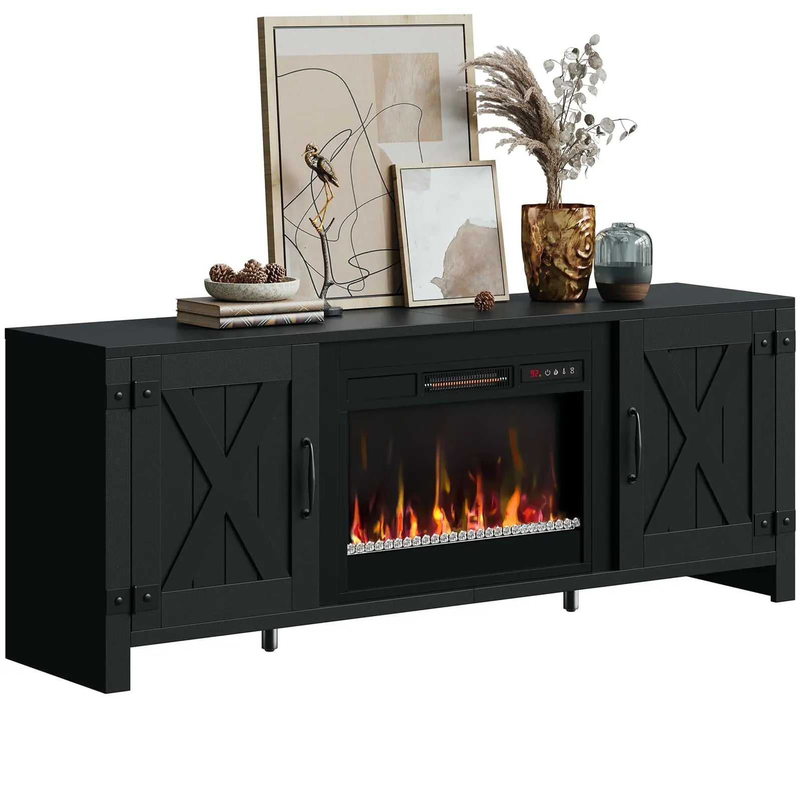 the black fireplace tv stand with electric heater in the white background