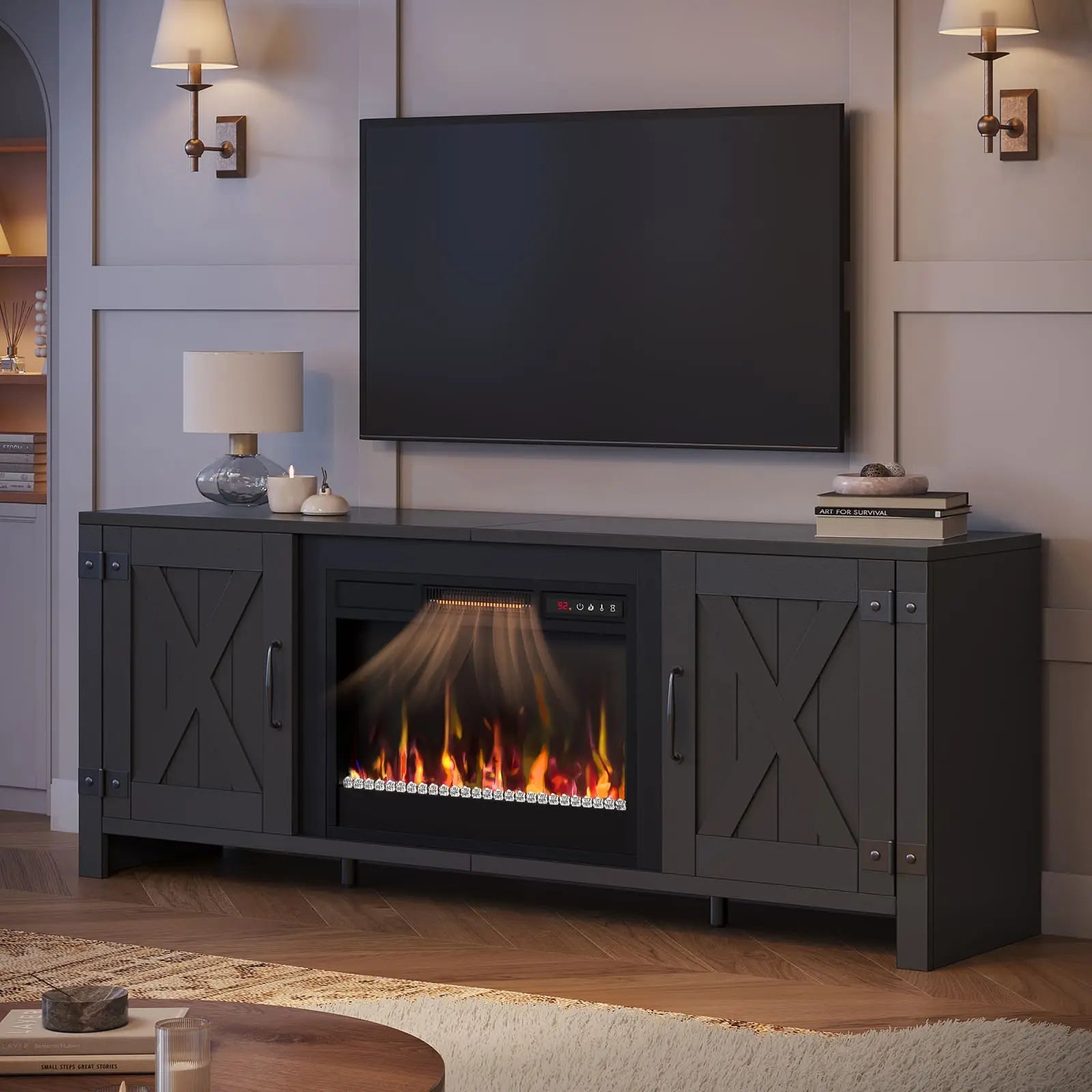 the black fireplace tv stand with electric heater