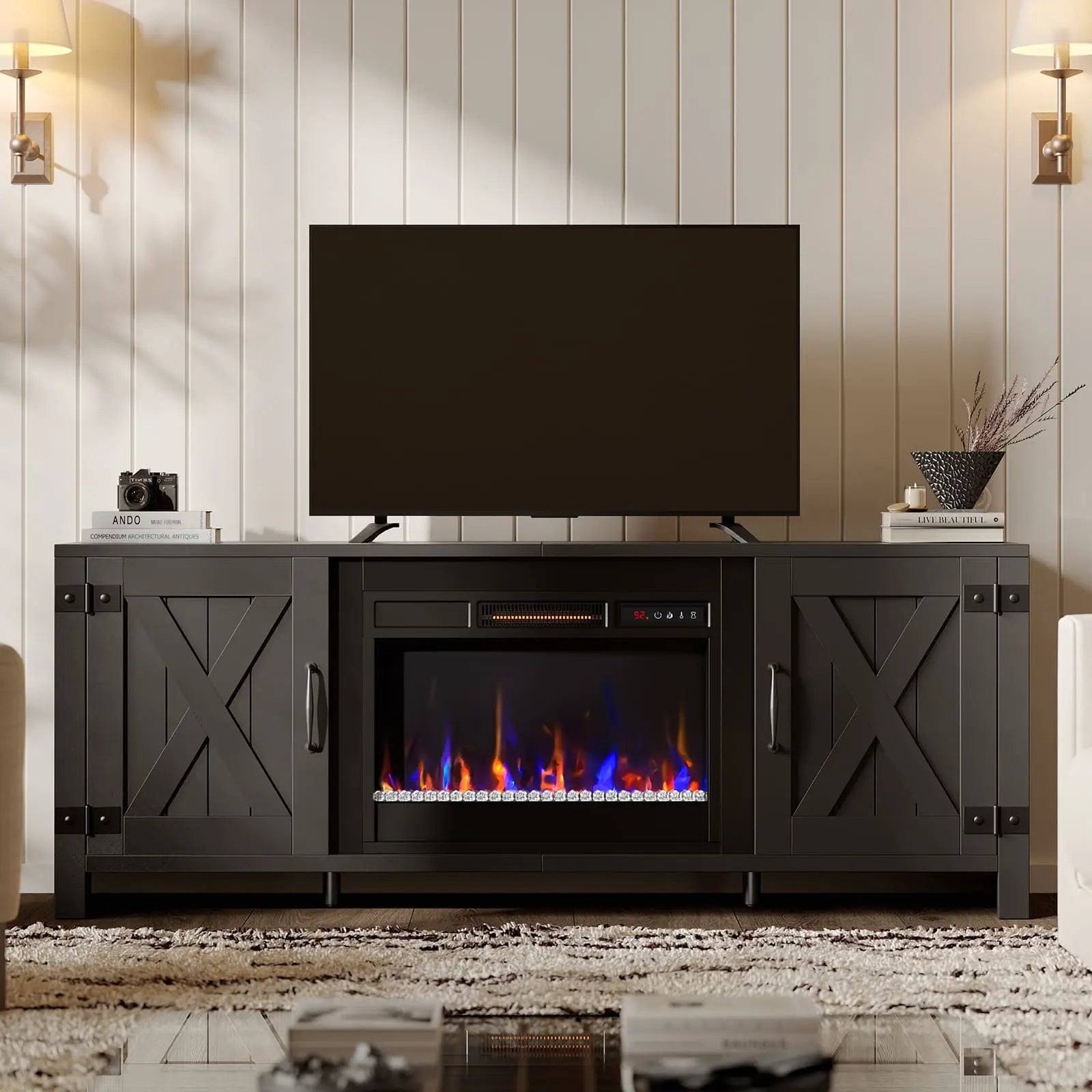 the black fireplace tv stand with electric heater in a room