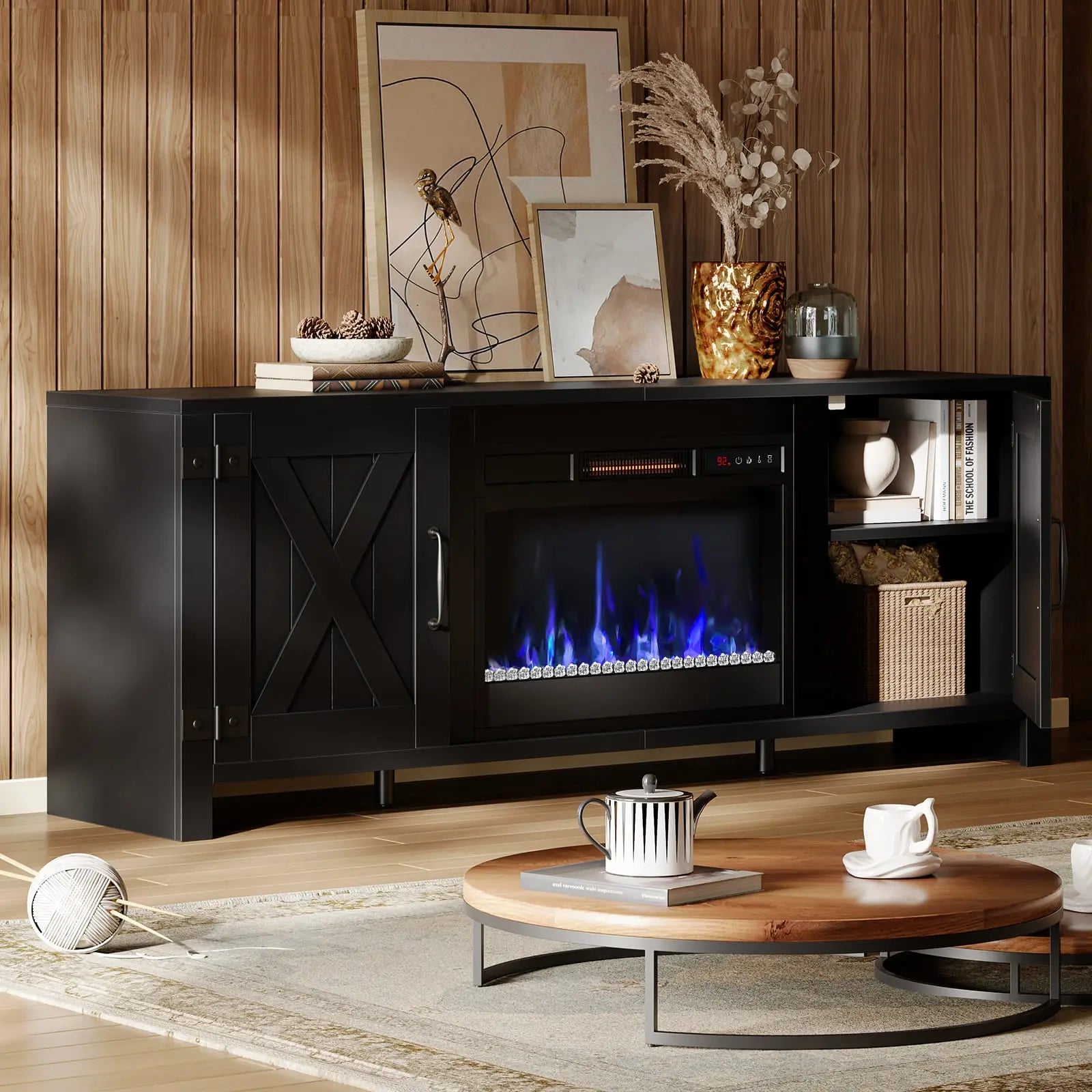 the black fireplace tv stand with electric heater in a cozy room