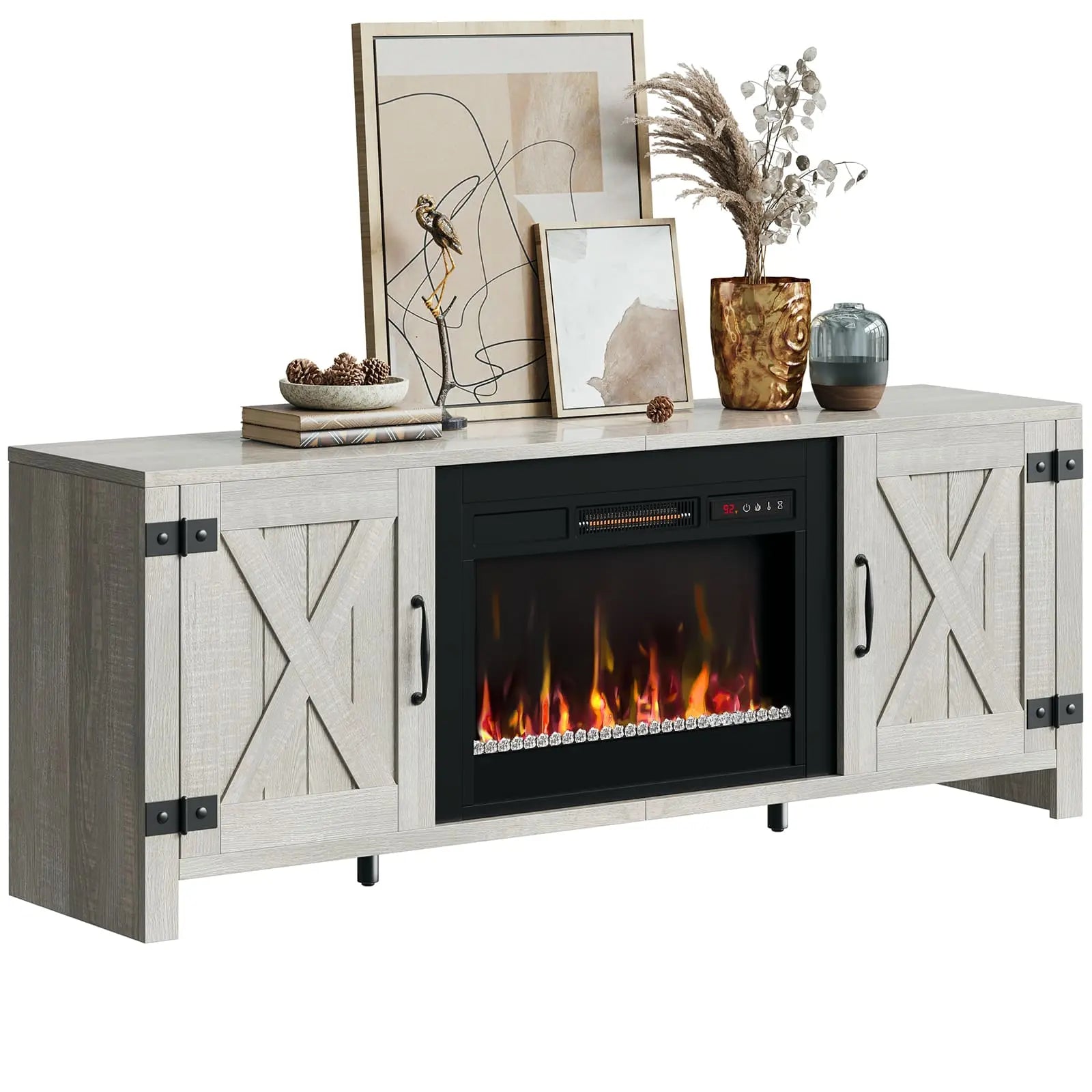 the white fireplace tv stand with electric heater in the white background