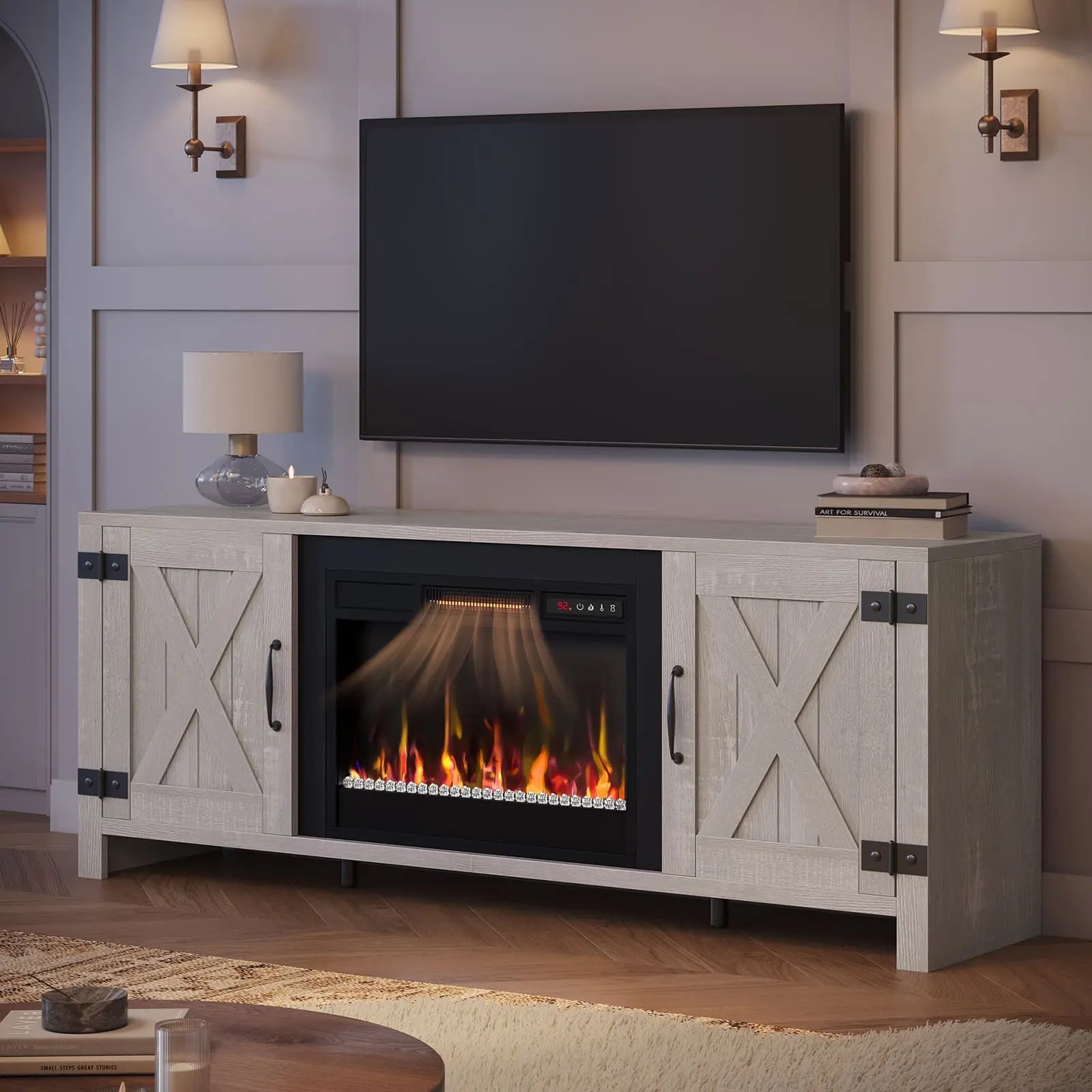 the white fireplace tv stand with electric heater