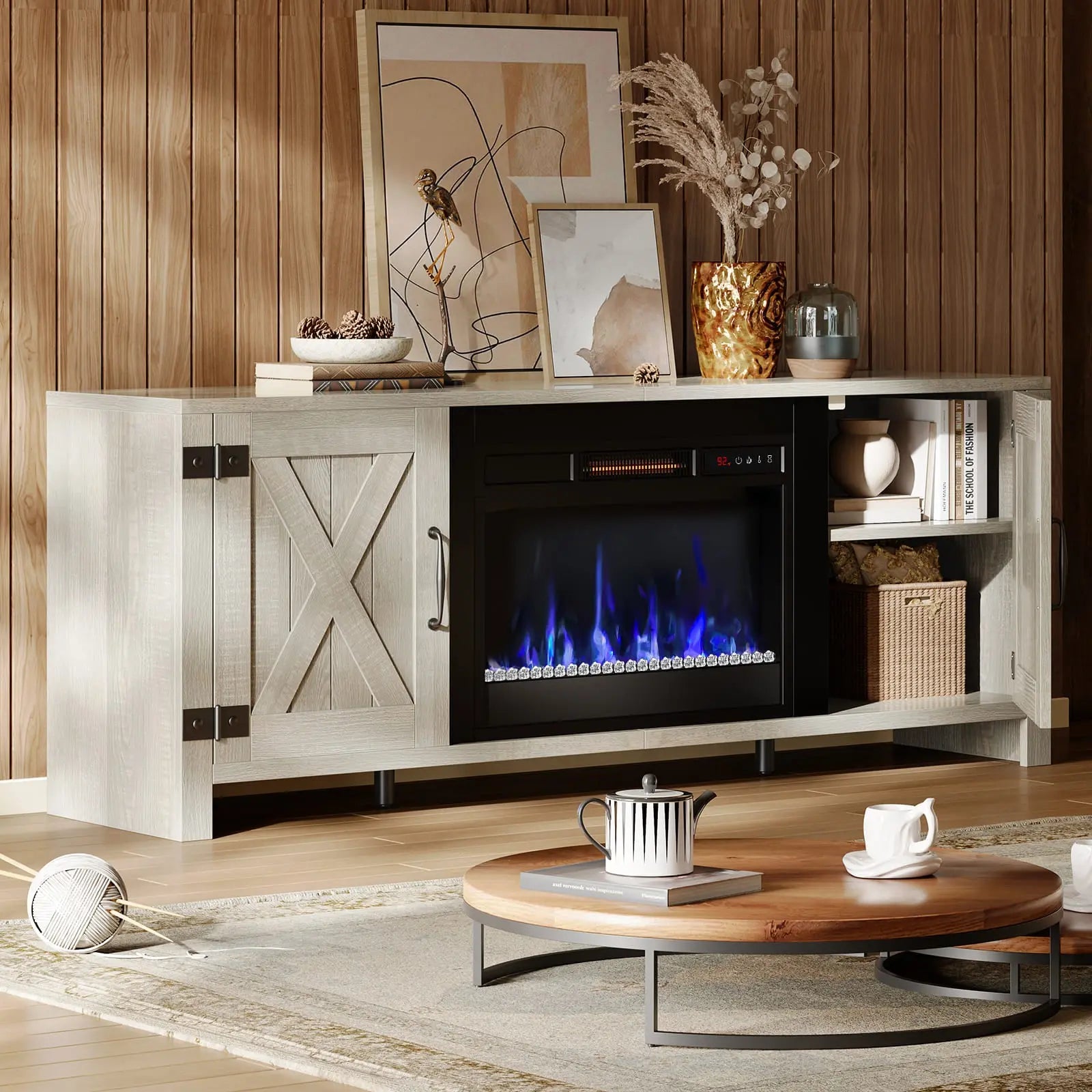 the white fireplace tv stand with electric heater in a room