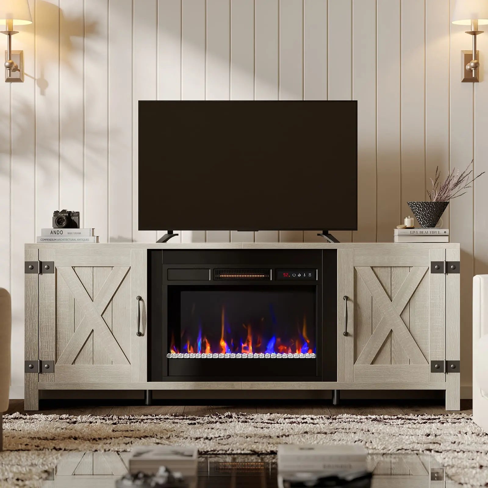 the white fireplace tv stand with electric heater in a cozy room