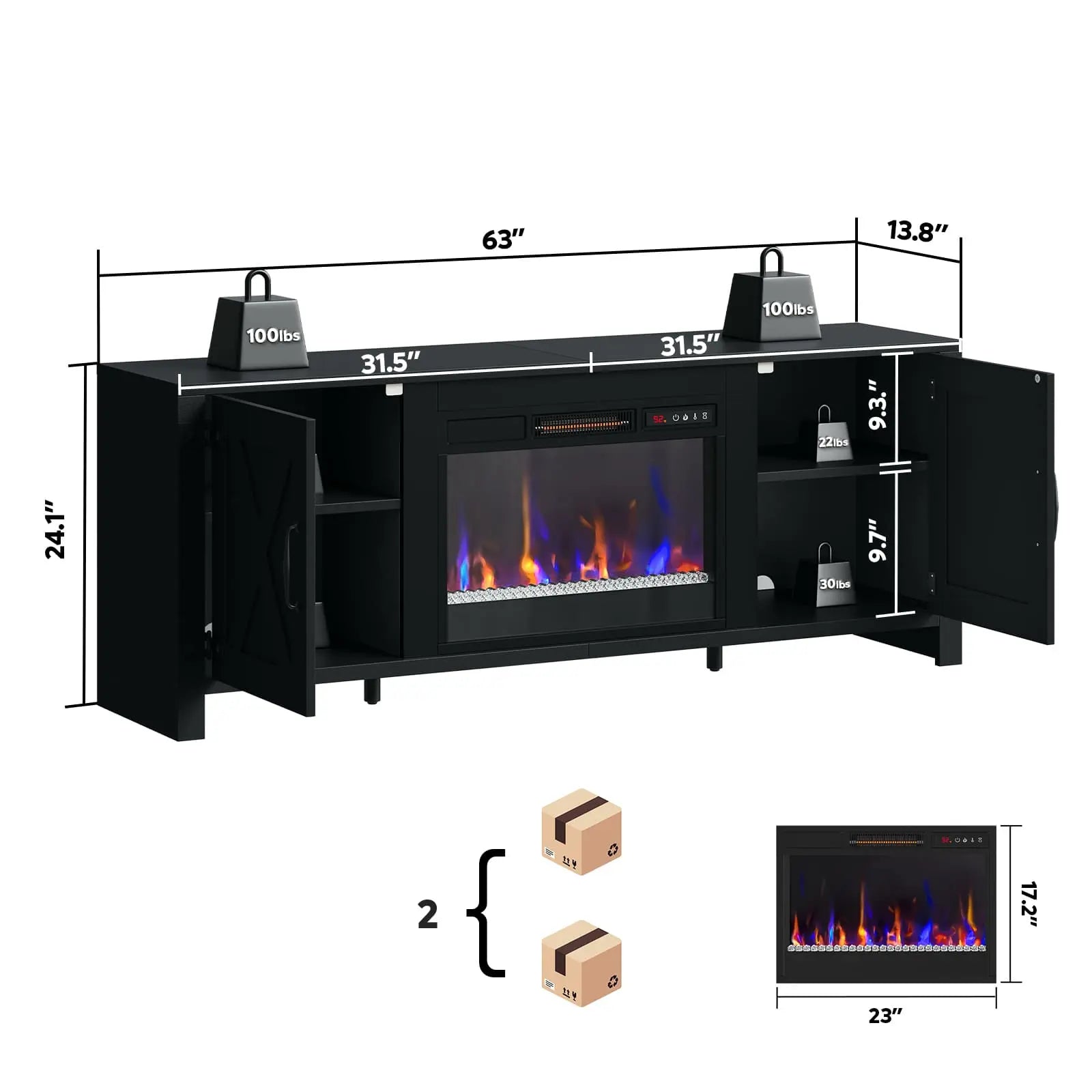 the size of this fireplace tv stand with electric heater