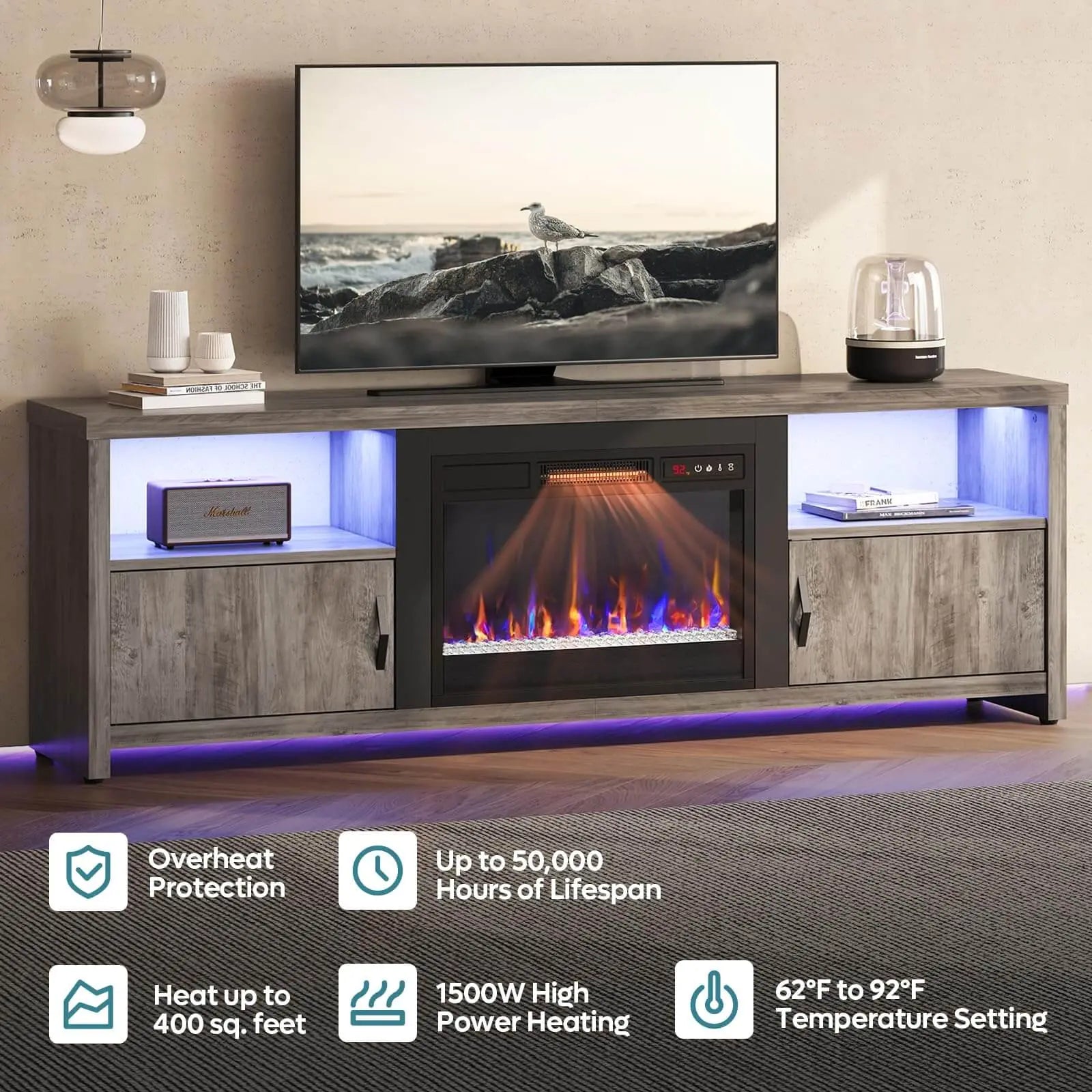 Electric Fireplace of Wash Grey Up to 80'' - Bestier