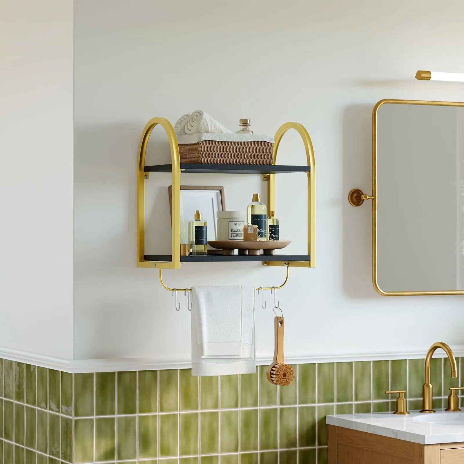 the black floating shelves for wall in a bathroom