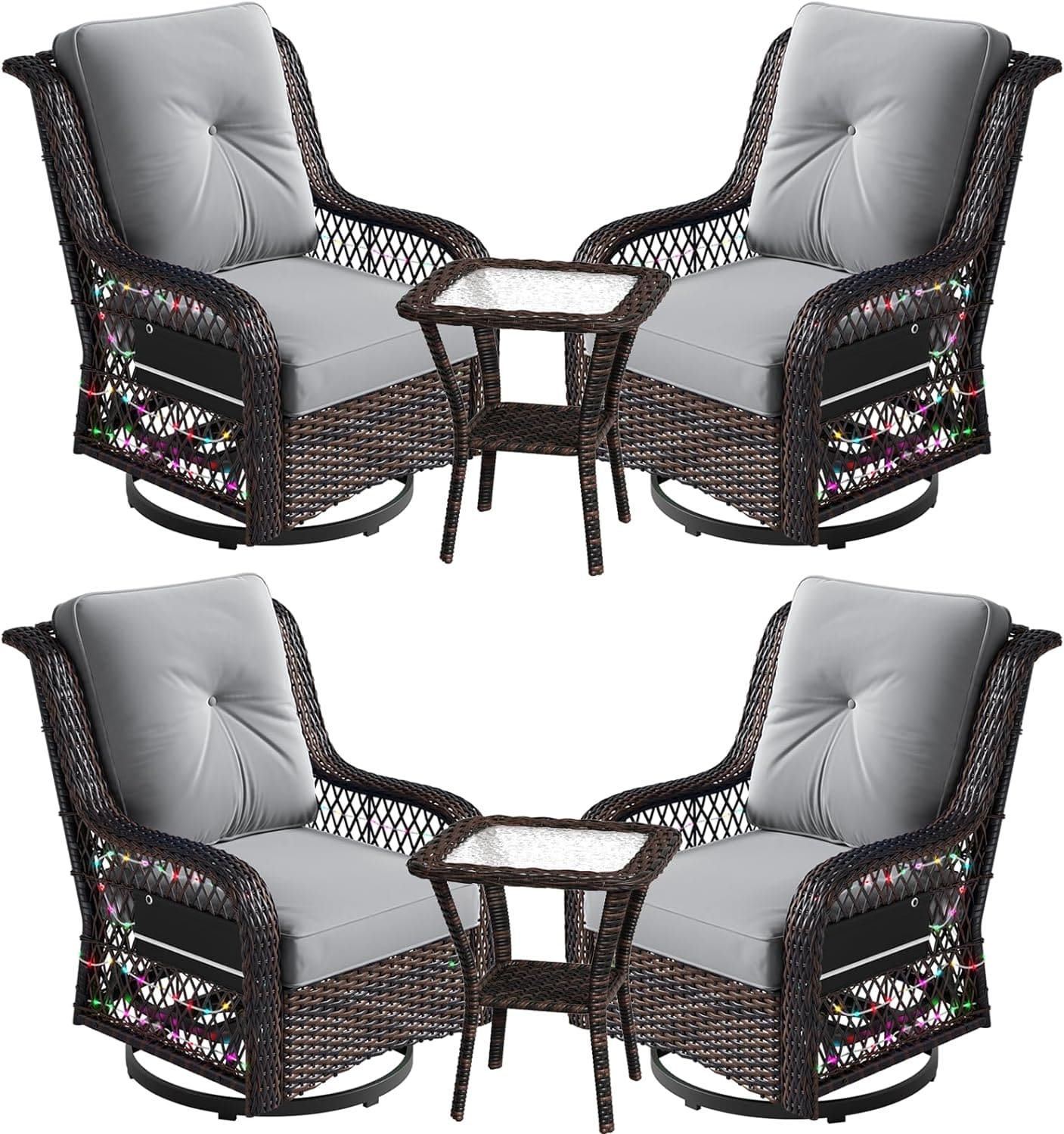 four grey swivel gliding chairs and two side tables