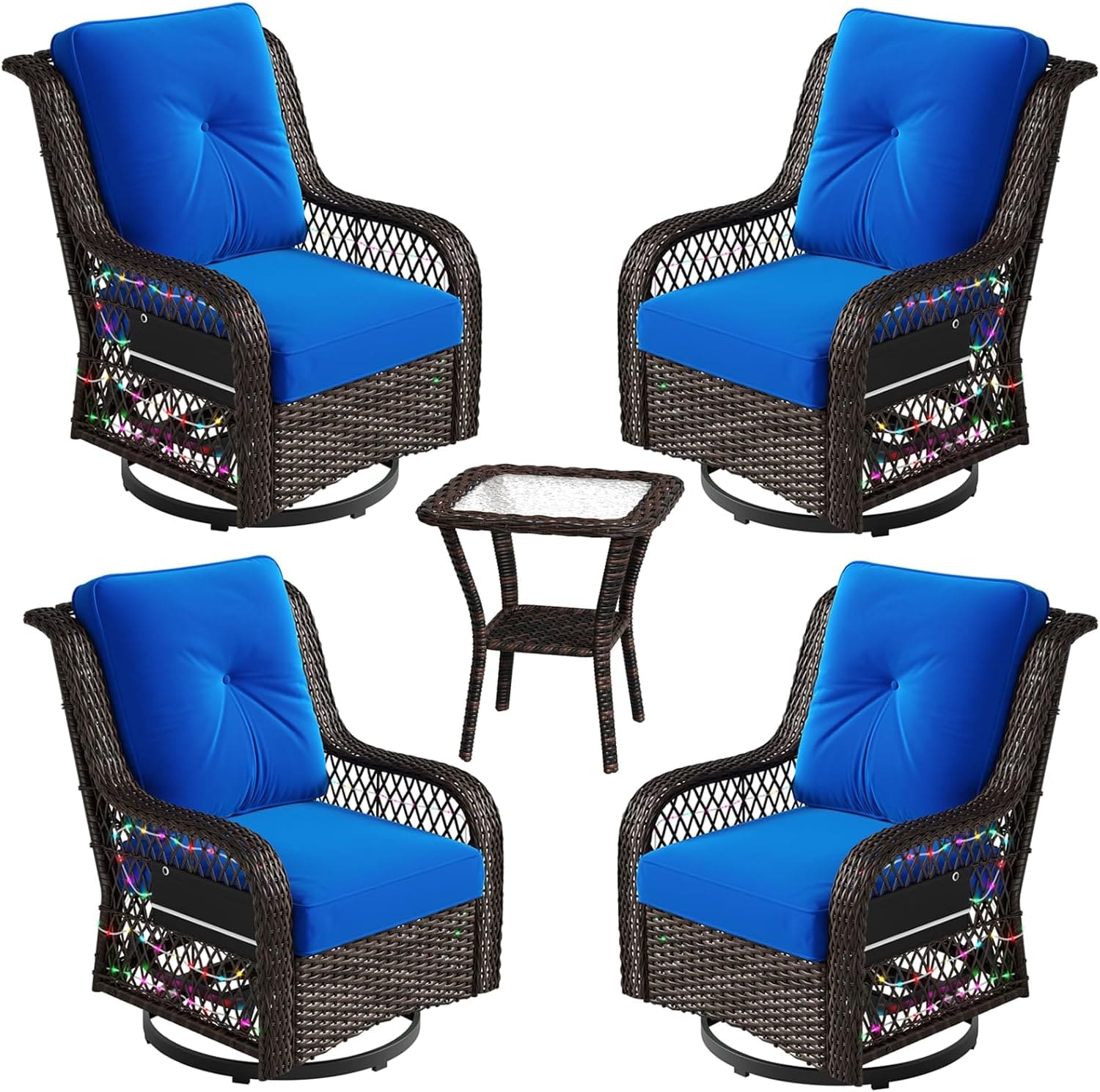 four blue swivel gliding chairs and a side table