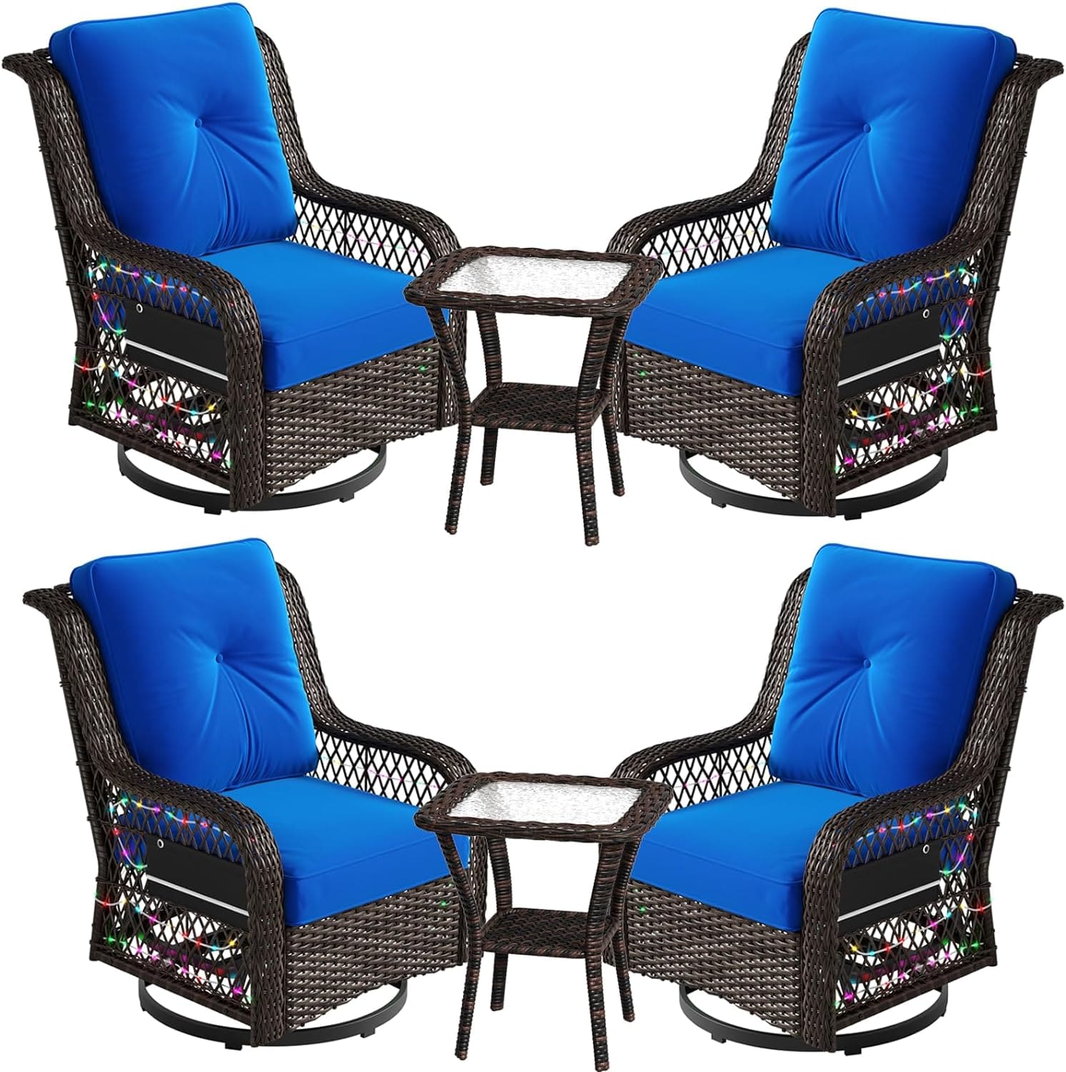 four blue swivel gliding chairs and two side tables