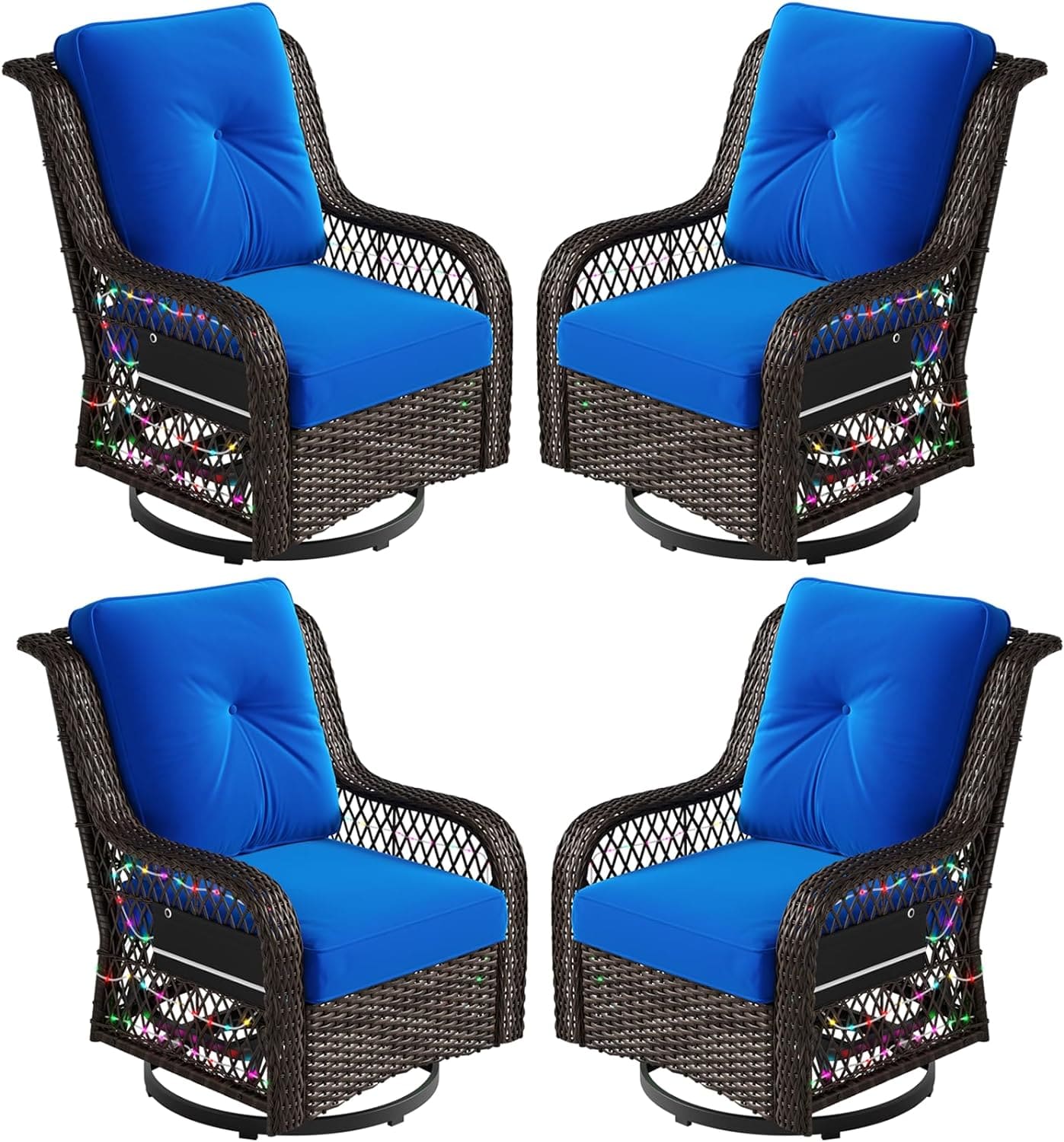 four blue swivel gliding chairs