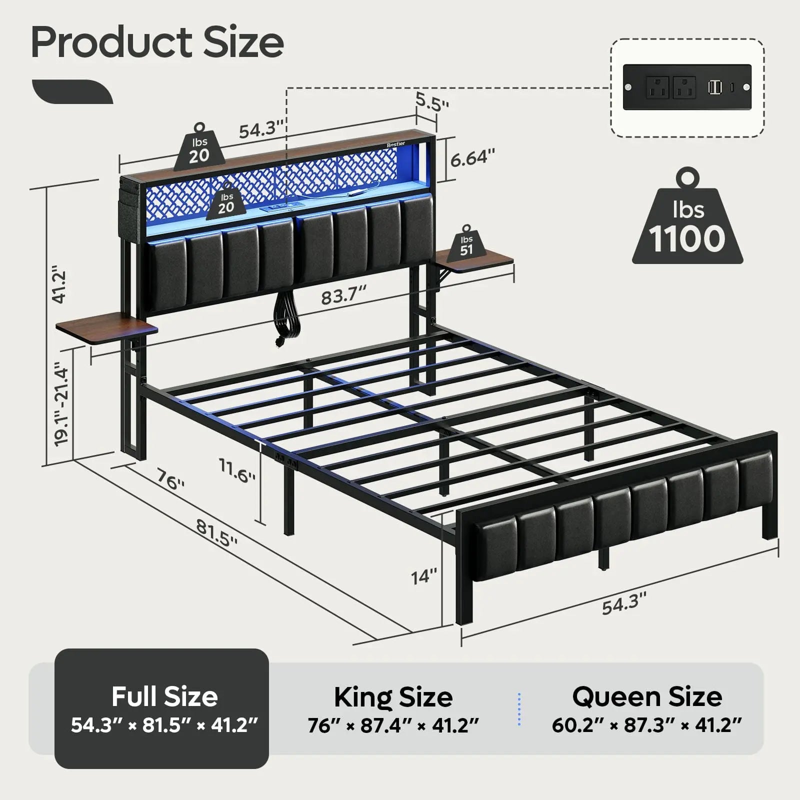 the size of this full size bed frame with charging station