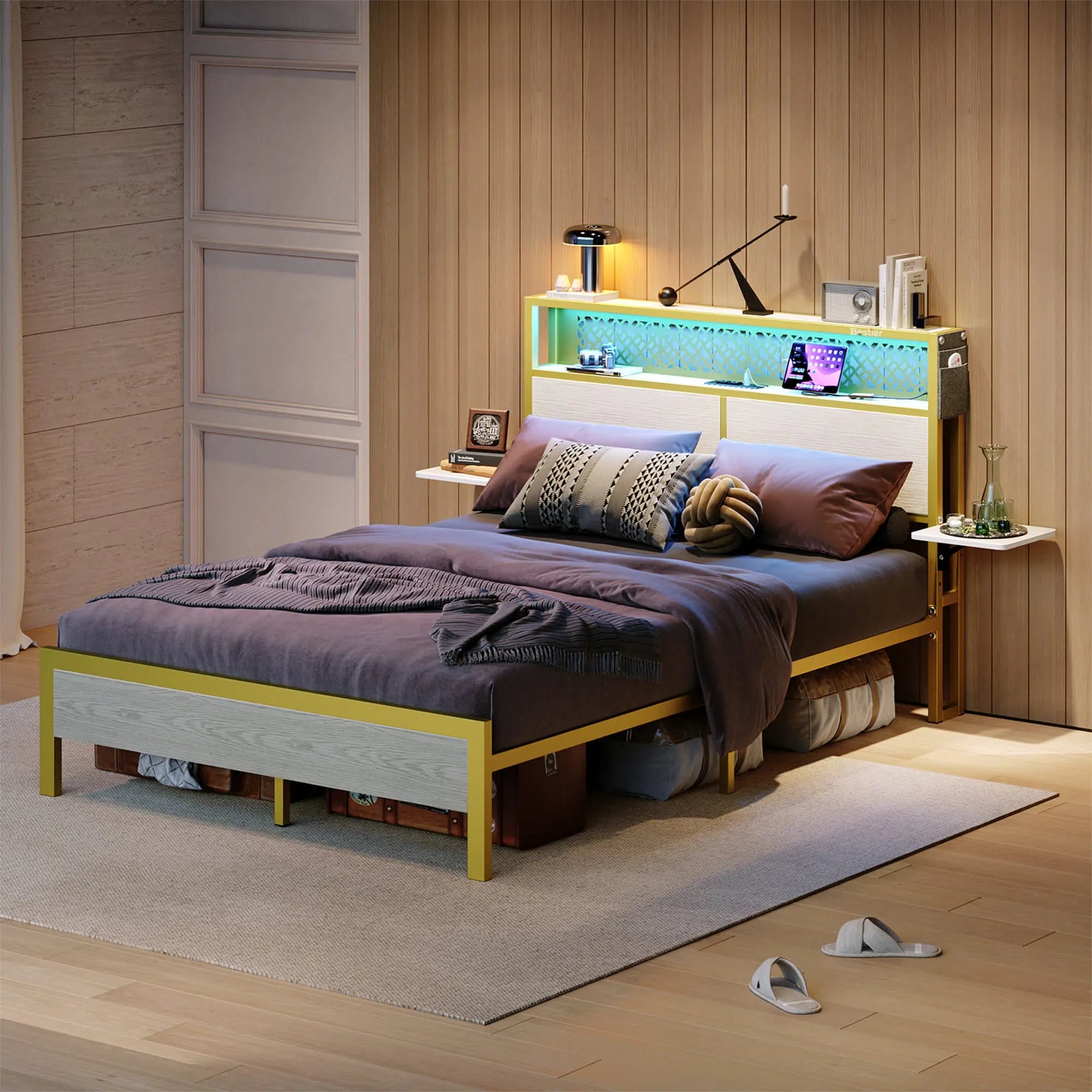 some books on the white oak bed frame with headboard