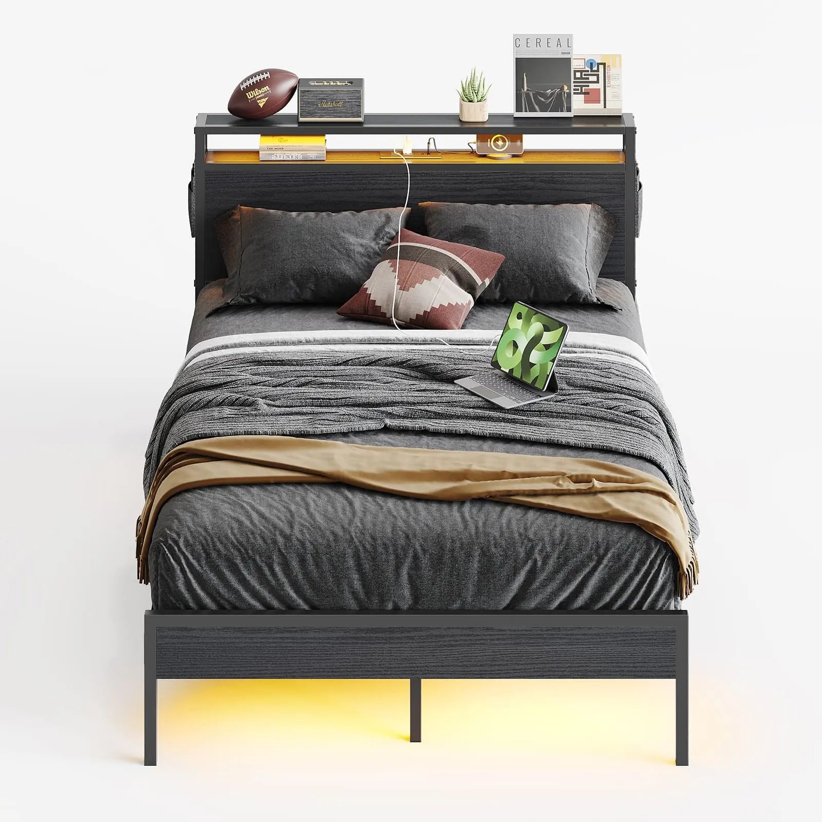 full size bed frame with headboard and storage Bestier