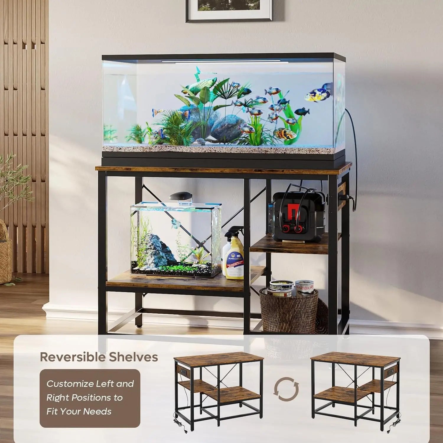 the reversible shelves of this fish tank stand