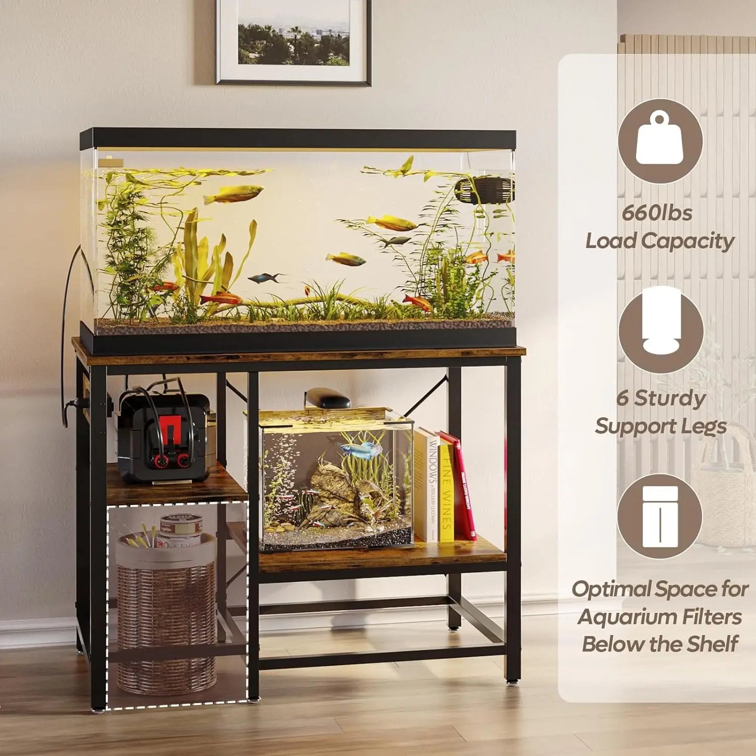 different features of this fish tank stand