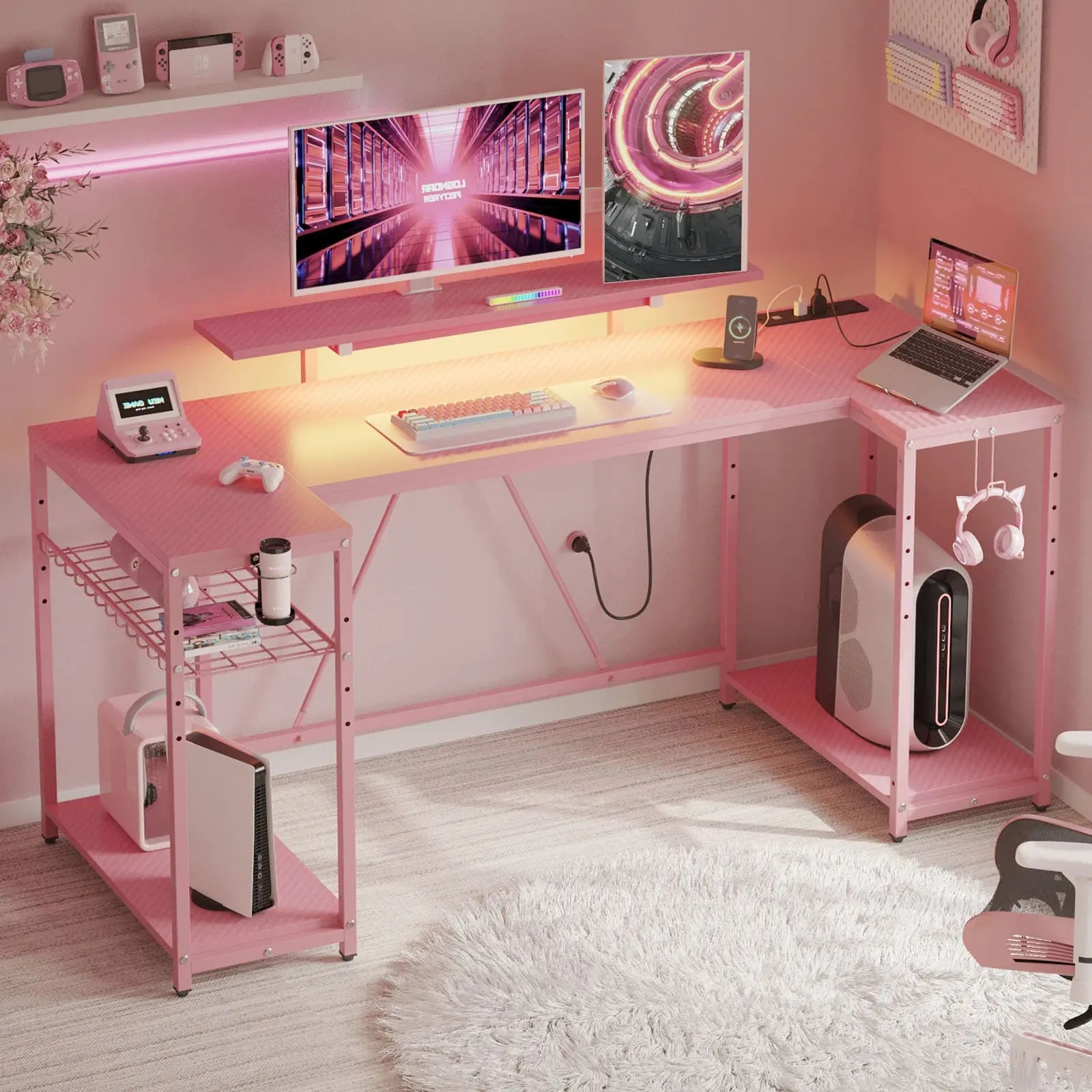 pink gaming desk in a room