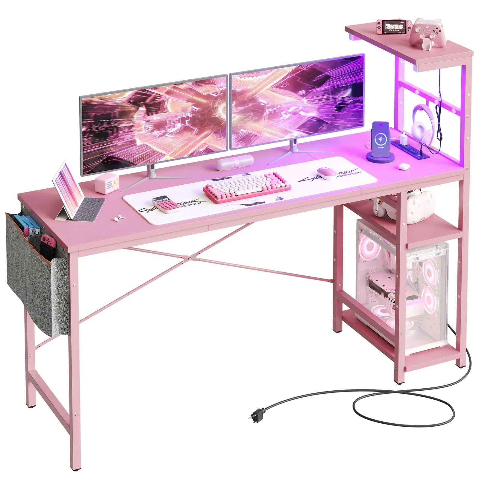 the pink gaming desk with reversible shelves in the white background