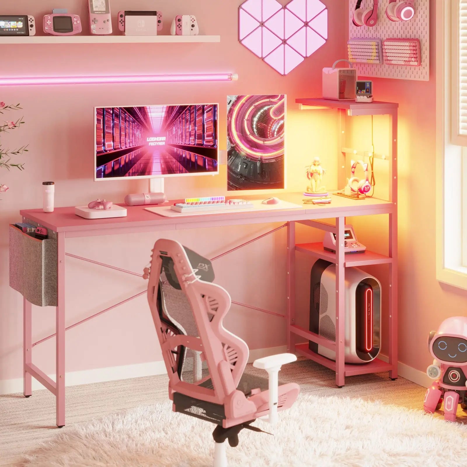 the pink gaming desk with reversible shelves