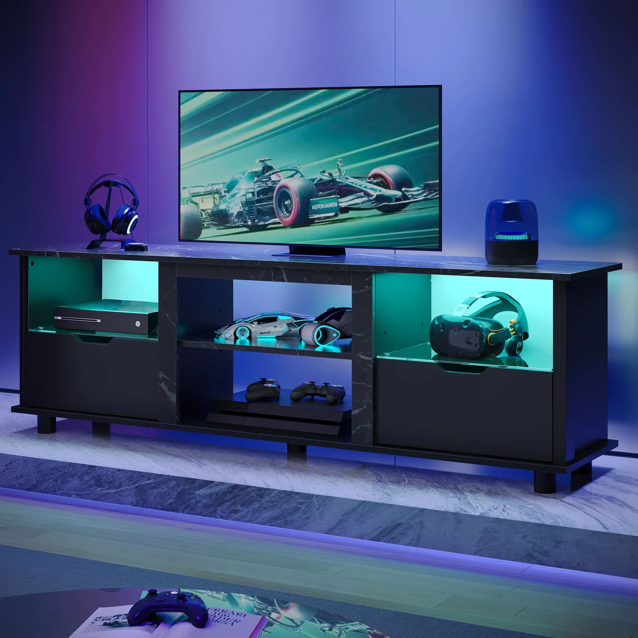 the black marble gaming entertainment center with drawers in a gaming room