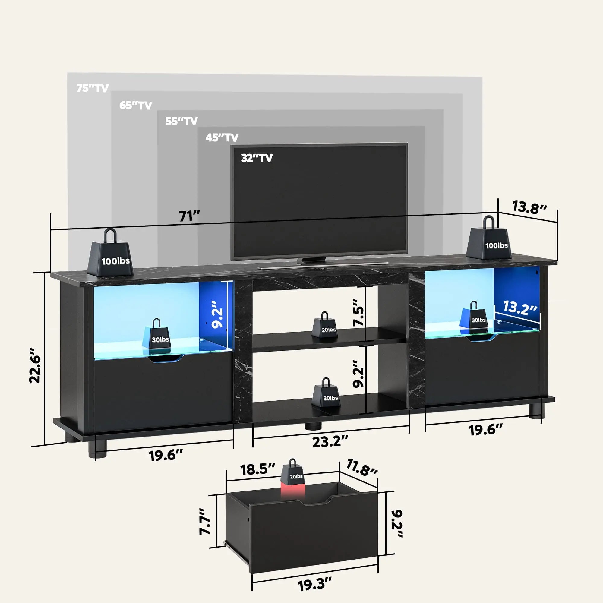 the size of this gaming entertainment center with drawers