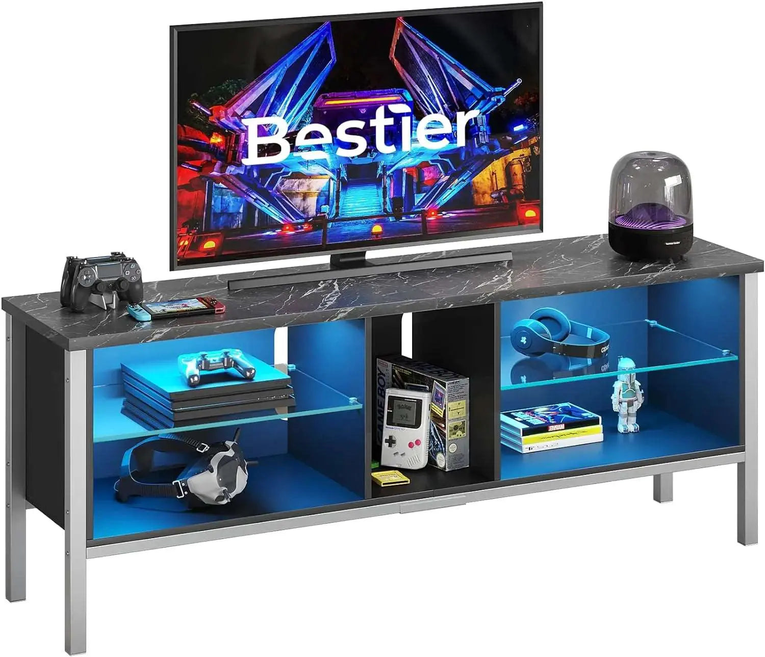 Bestier Gaming TV Stand of Black Carbon Fiber for 70 Inch TV and Gaming Entertainment Center with LED Lights