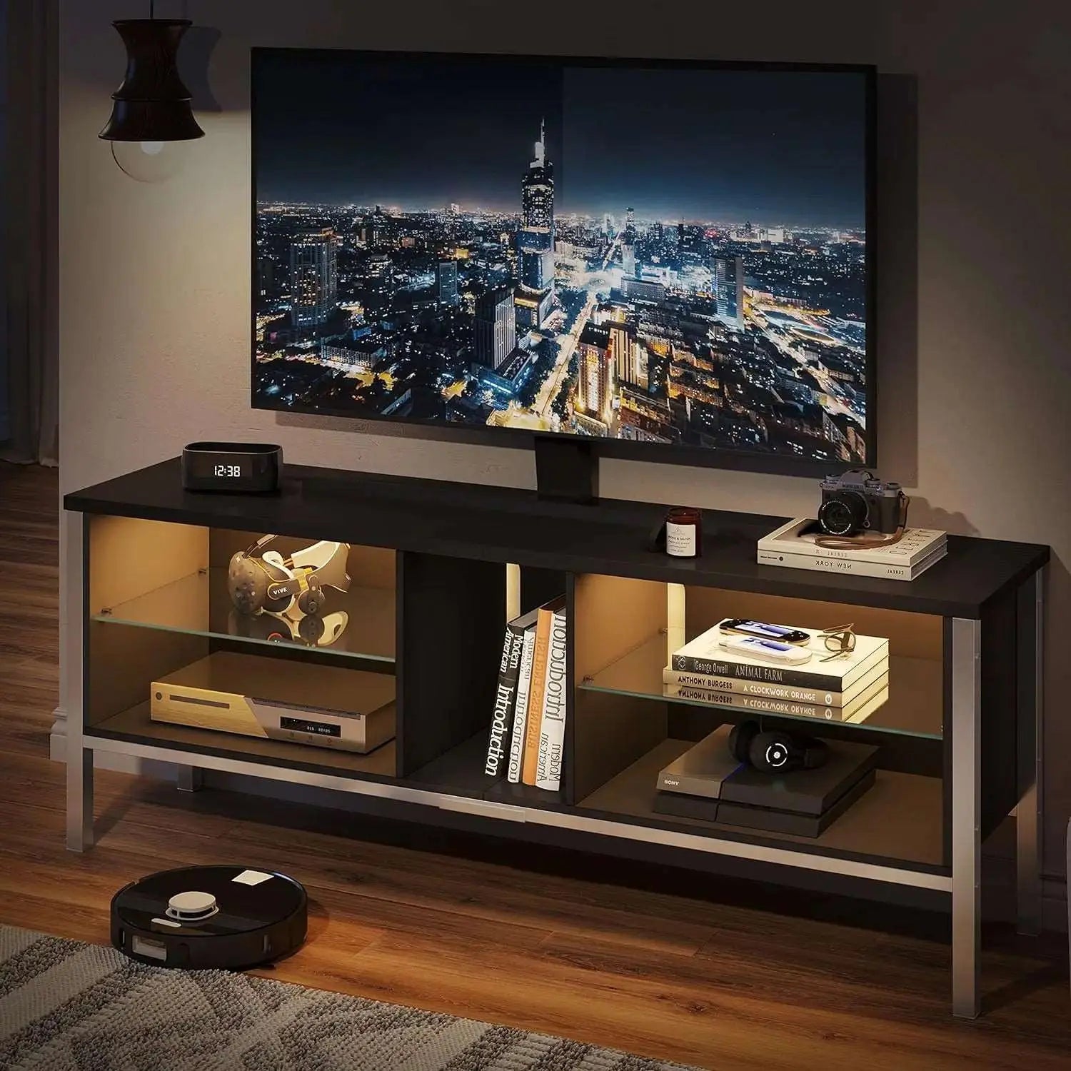 Gaming TV Stand of grey for 70 Inch TV, Gaming Entertainment Center with LED Lights for PS4 Bestier
