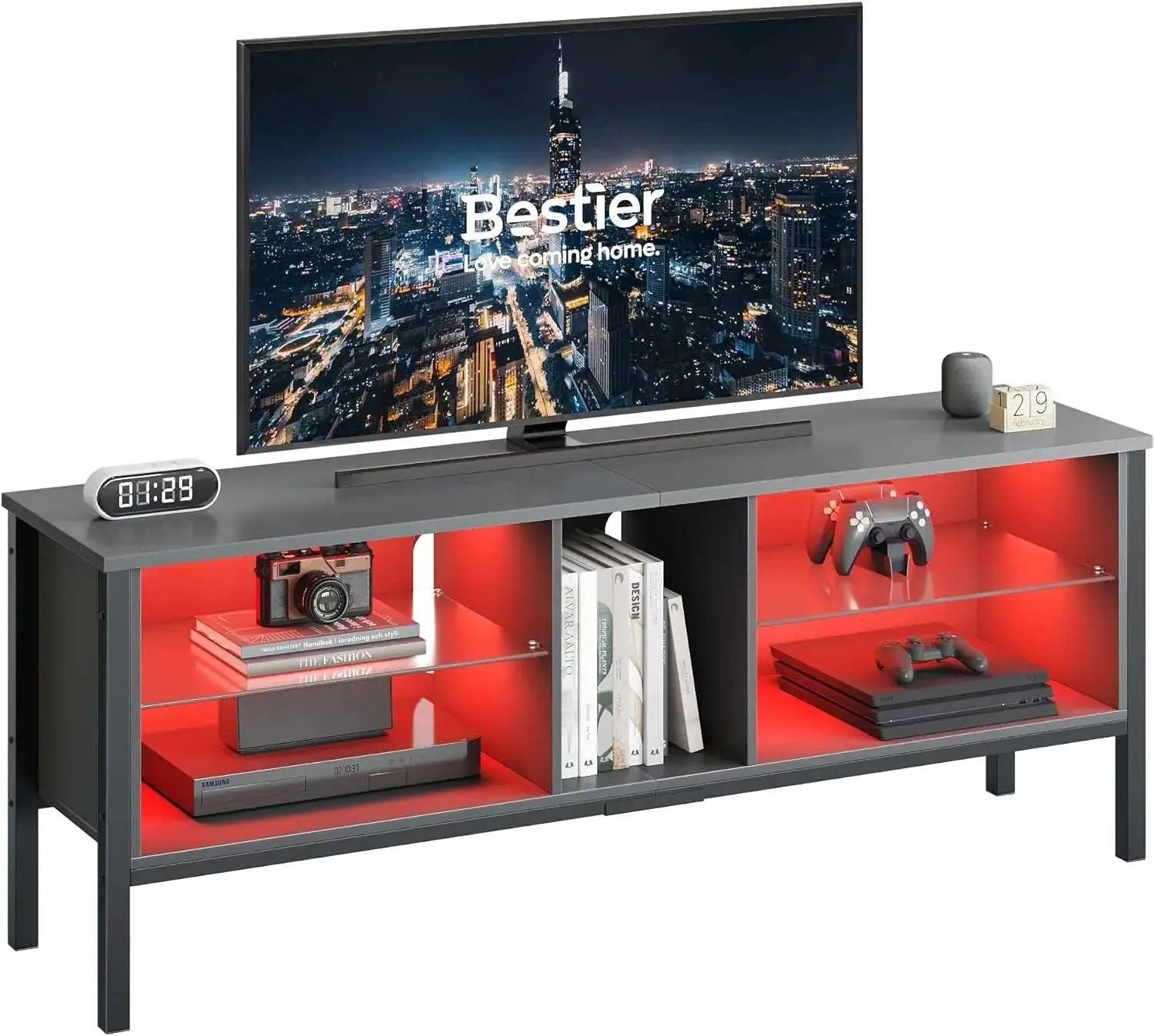 Bestier Gaming TV Stand of grey for 70 Inch TV, Gaming Entertainment Center with LED Lights for PS4 Bestier