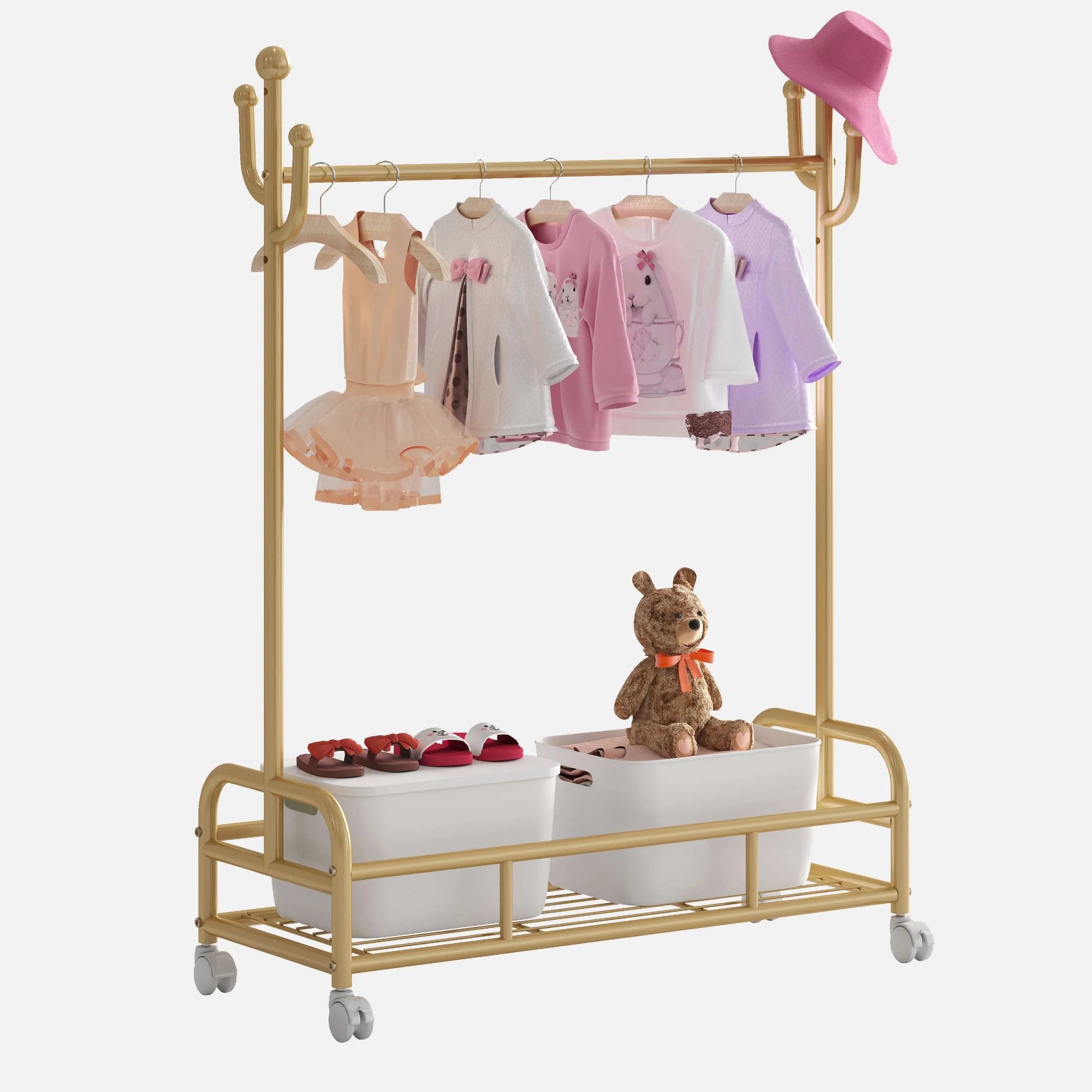 Bestier Gold Clothing Rack with Wheels, Kids Clothing Rack with Bottom Storage Shelf - Bestier