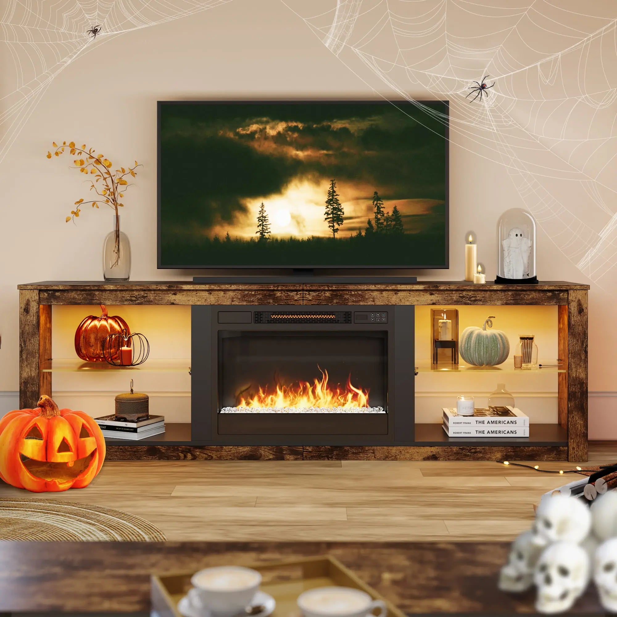 halloween decoration next to the electric fireplace tv stand