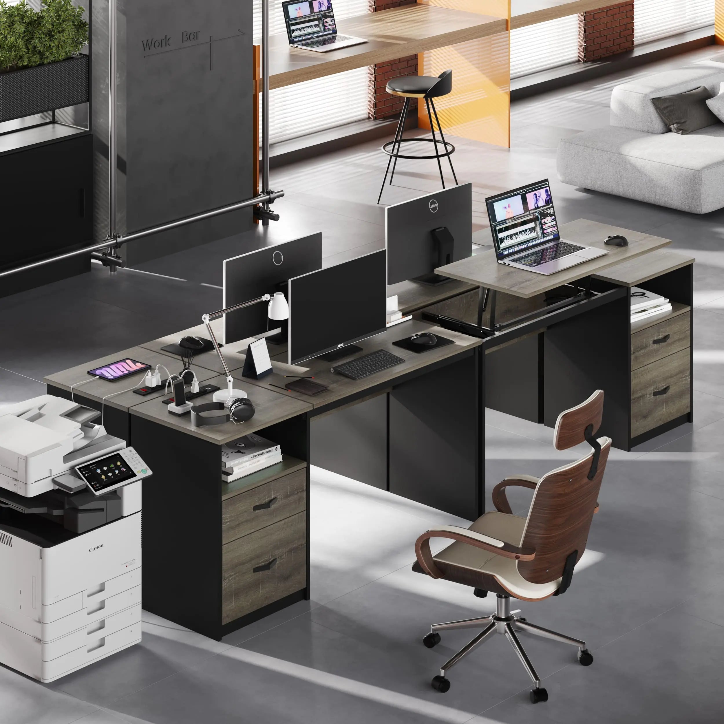 the grey home office desk in an office