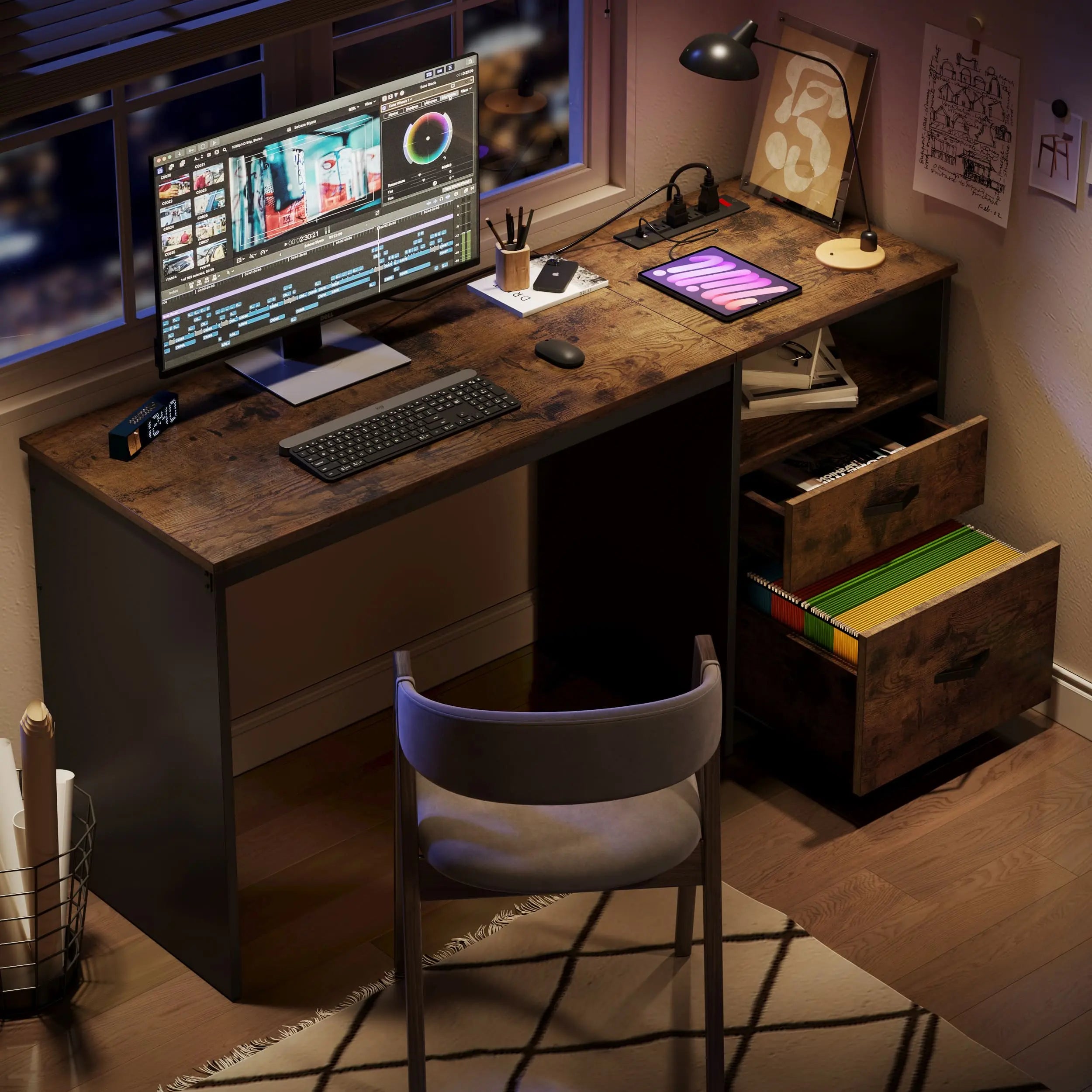 the brown home office desk in a room