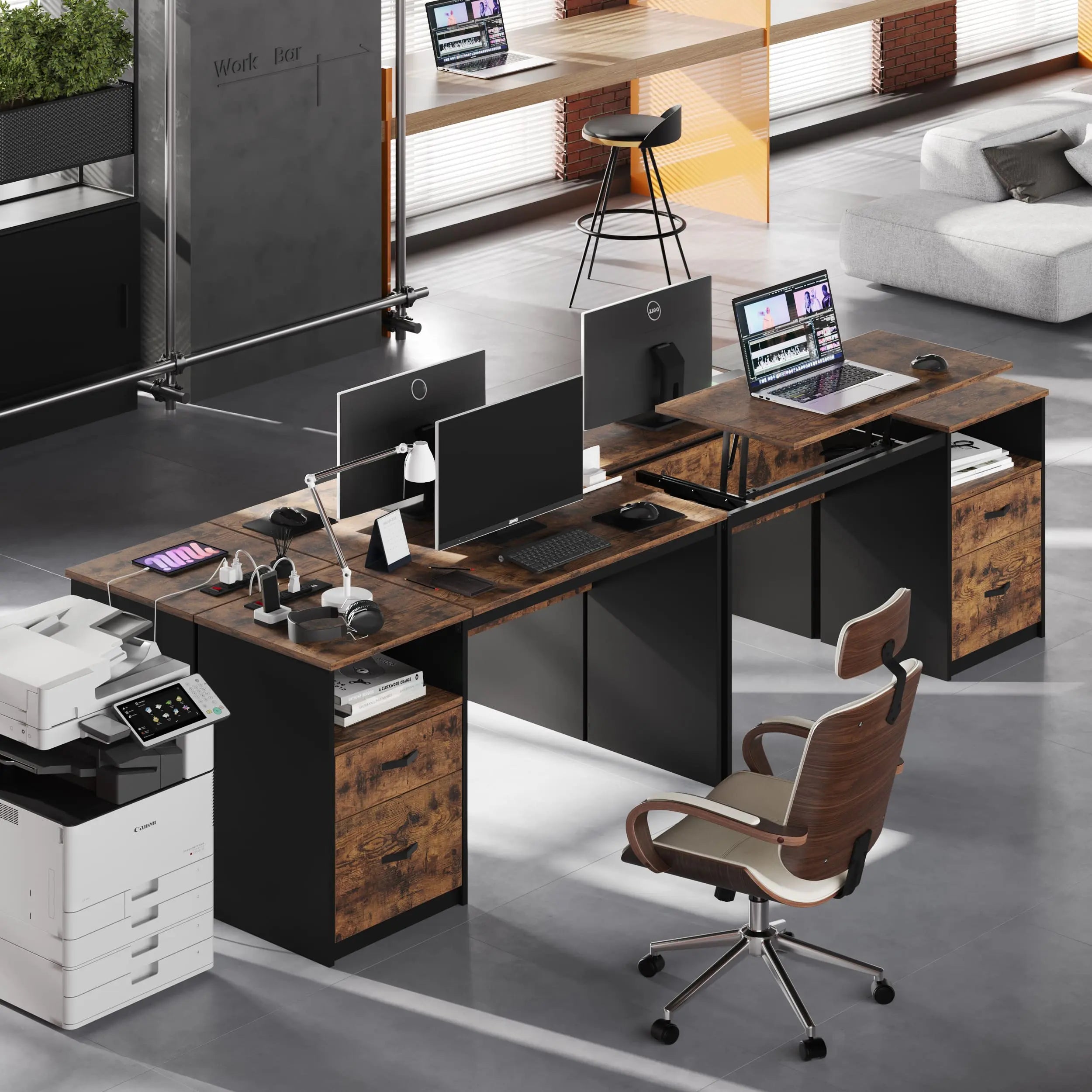 the brown home office desk in an office