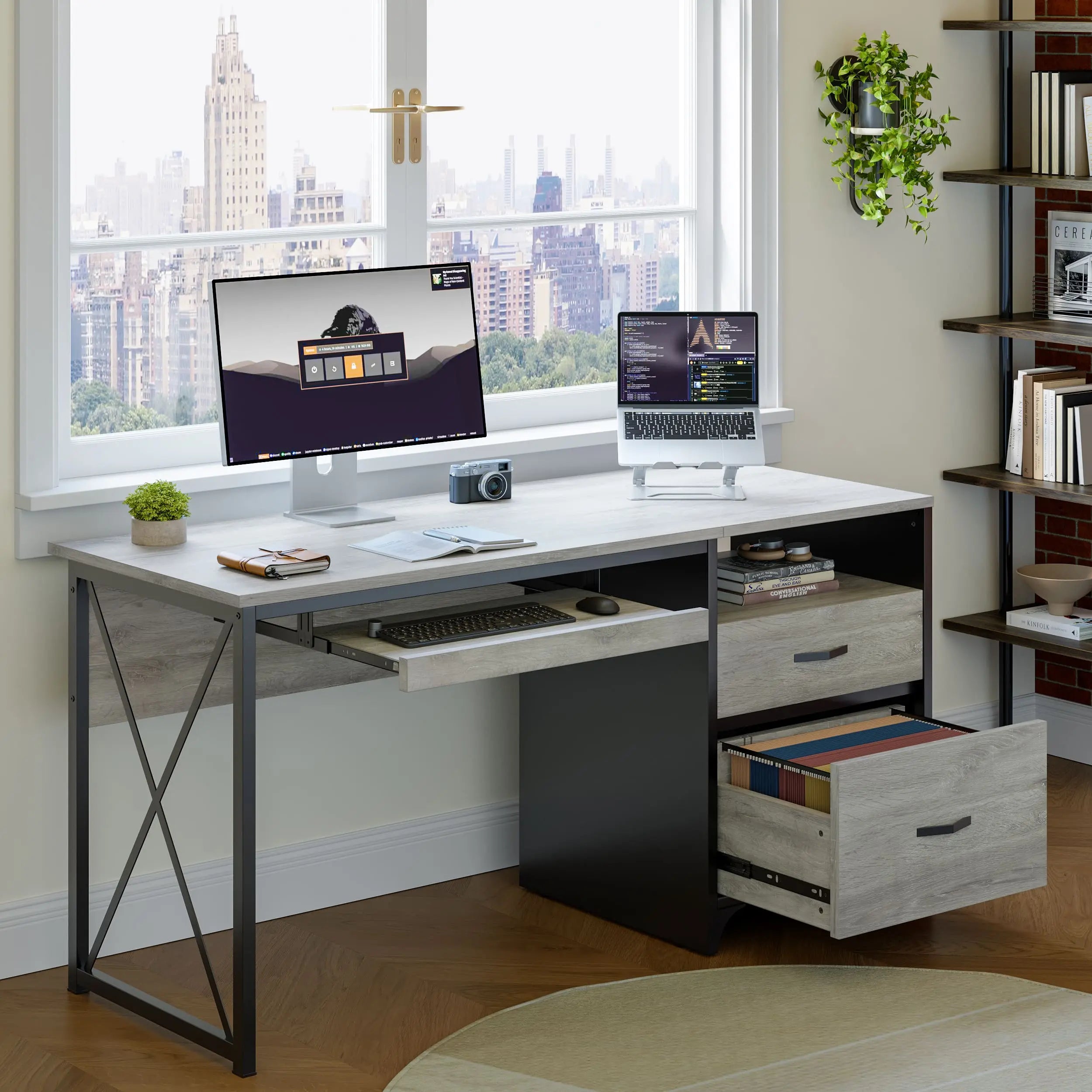 55 inch industrial office computer desk with storage Bestier