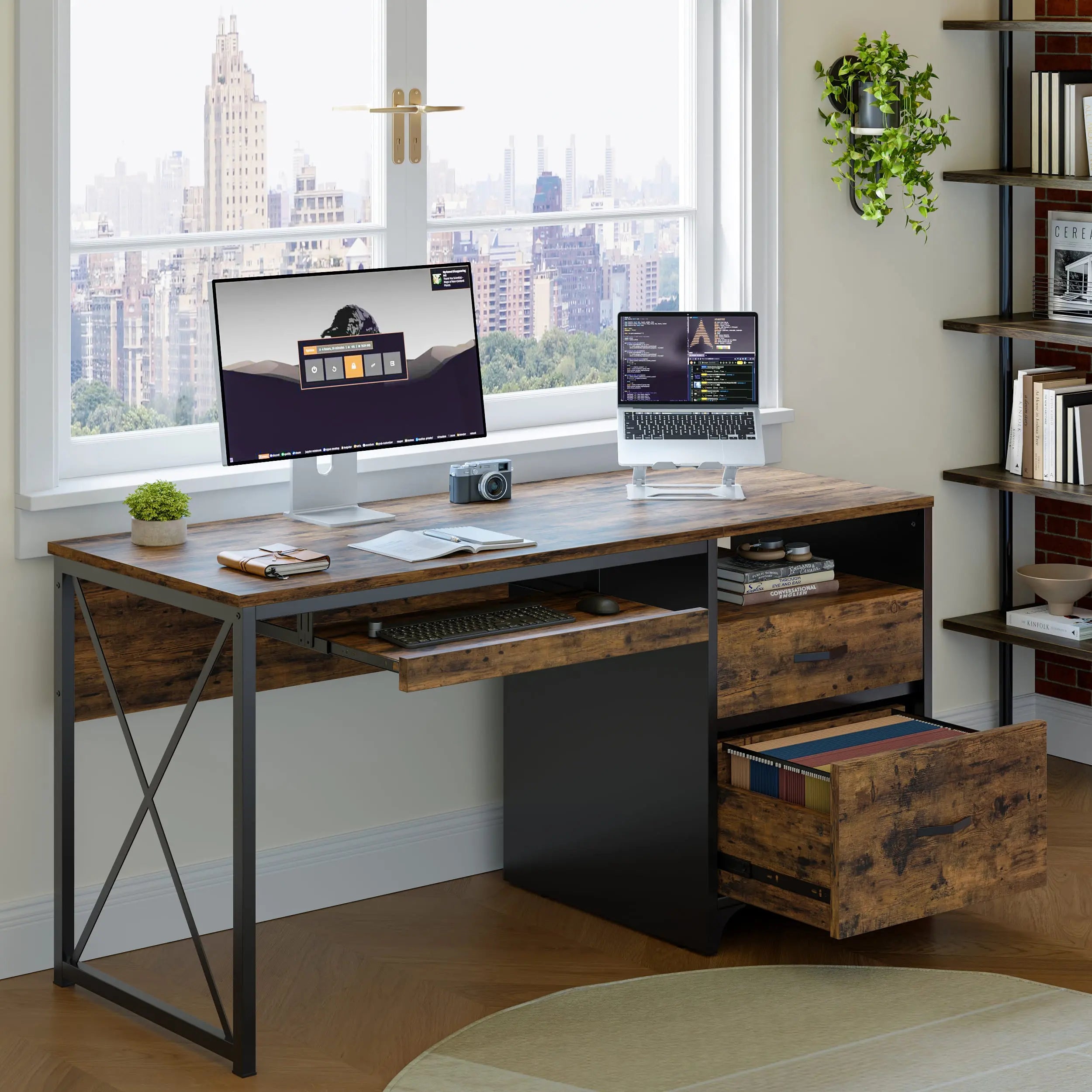 55 inch industrial office computer desk with storage Bestier