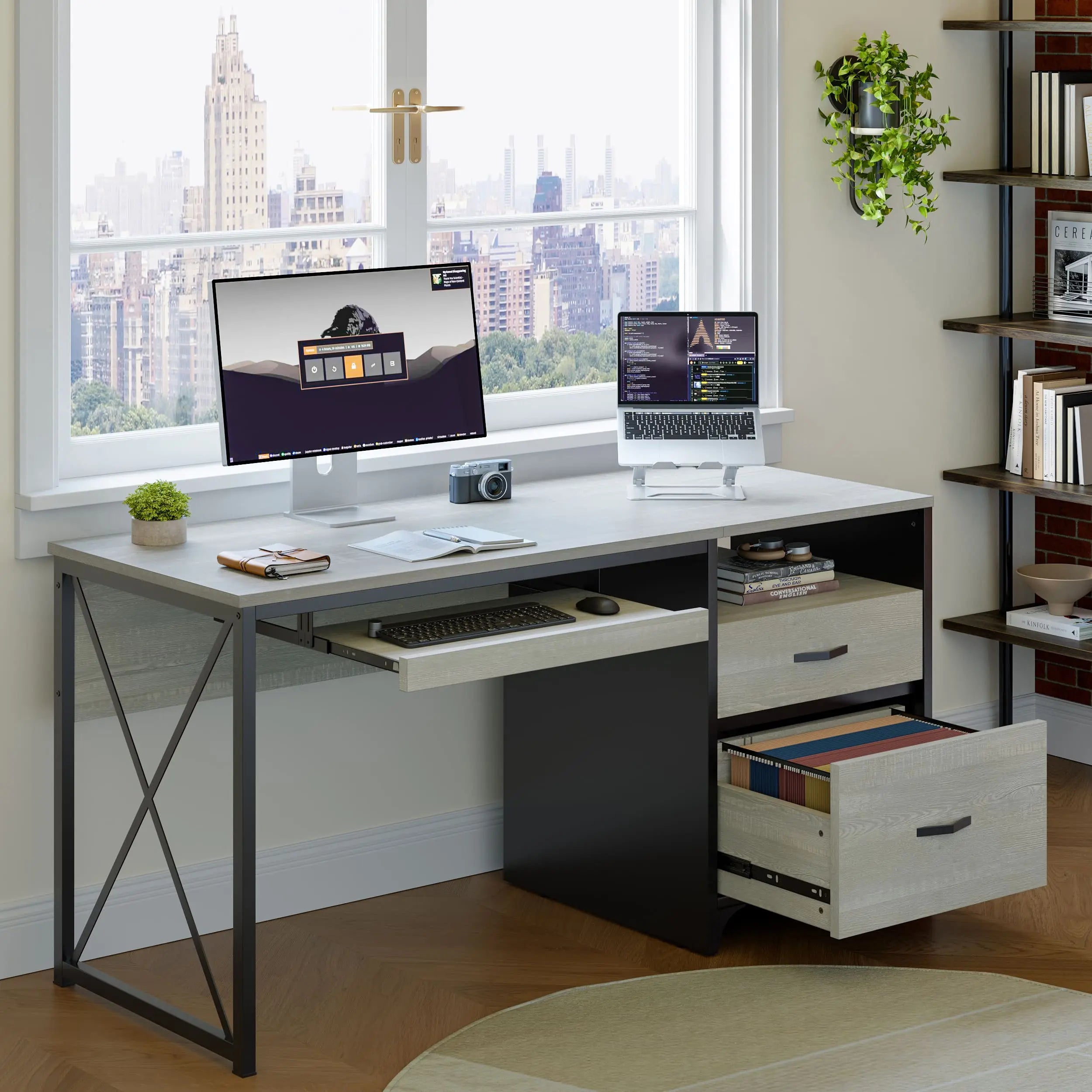 55 inch industrial office computer desk with storage Bestier