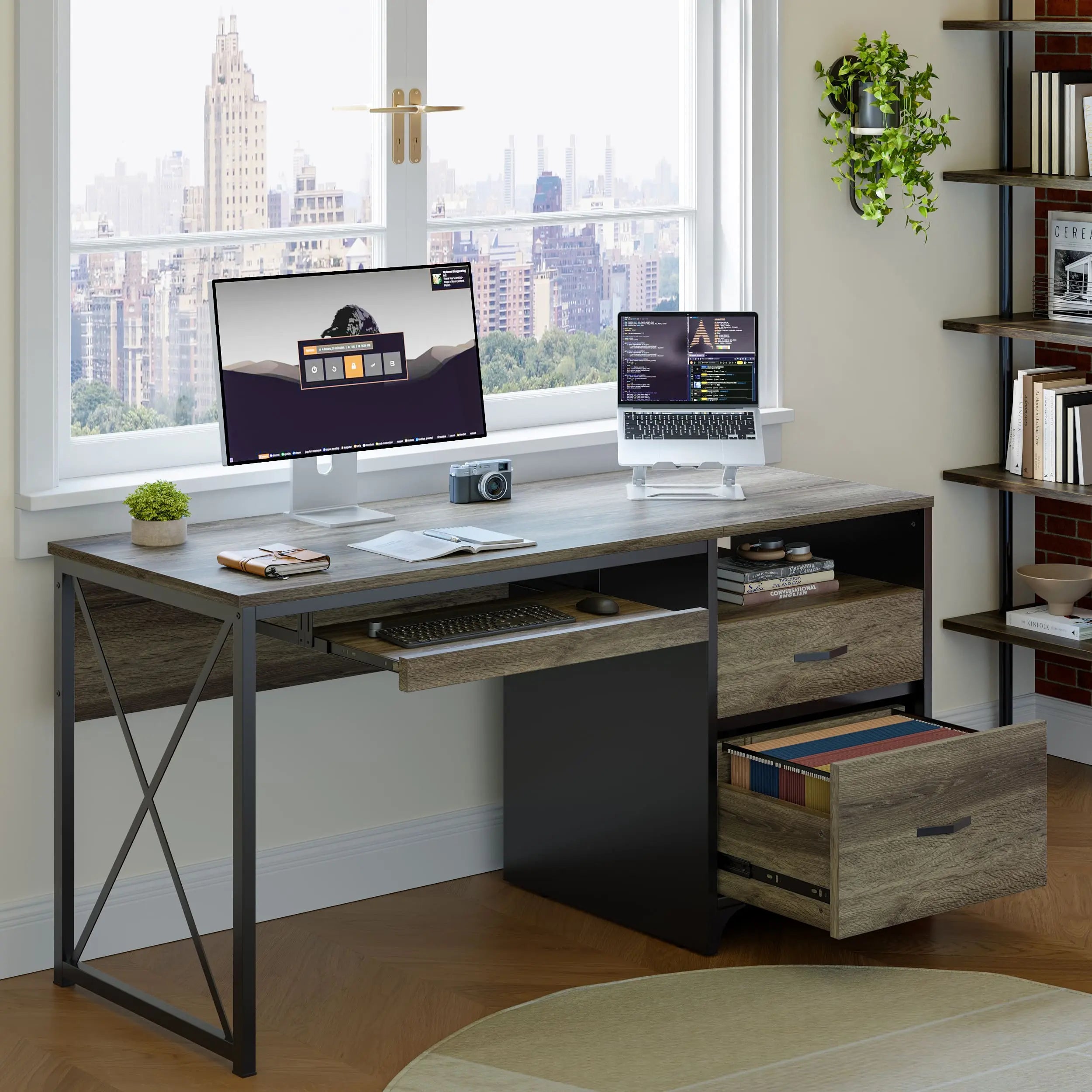 55 inch industrial office computer desk with storage Bestier