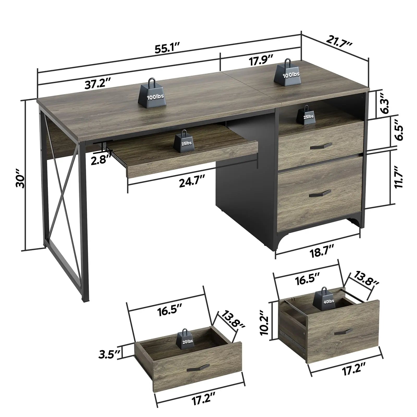 55 inch industrial office computer desk with storage Bestier