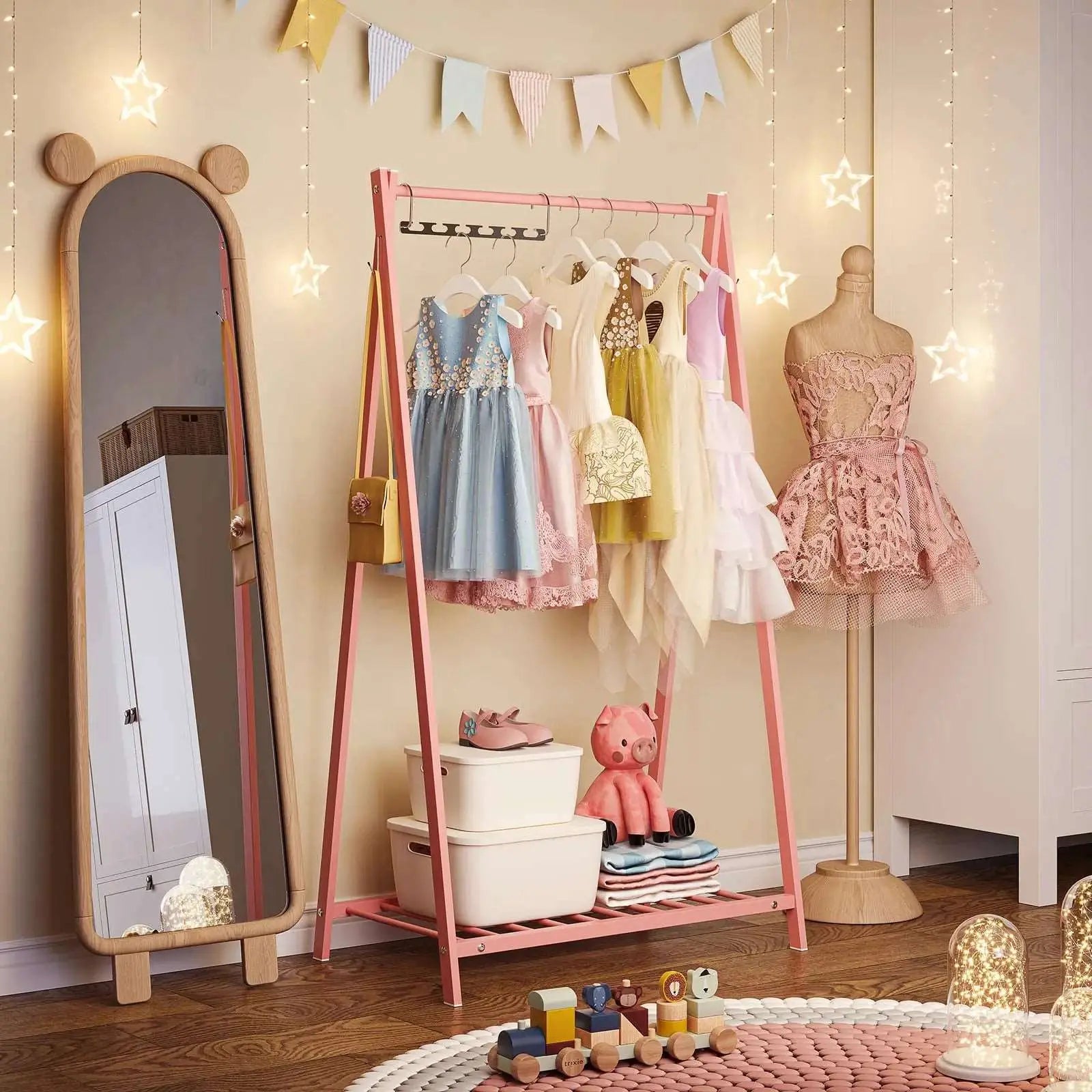 Pink Kids Clothing Rack with Bottom Storage Shelf - Bestier