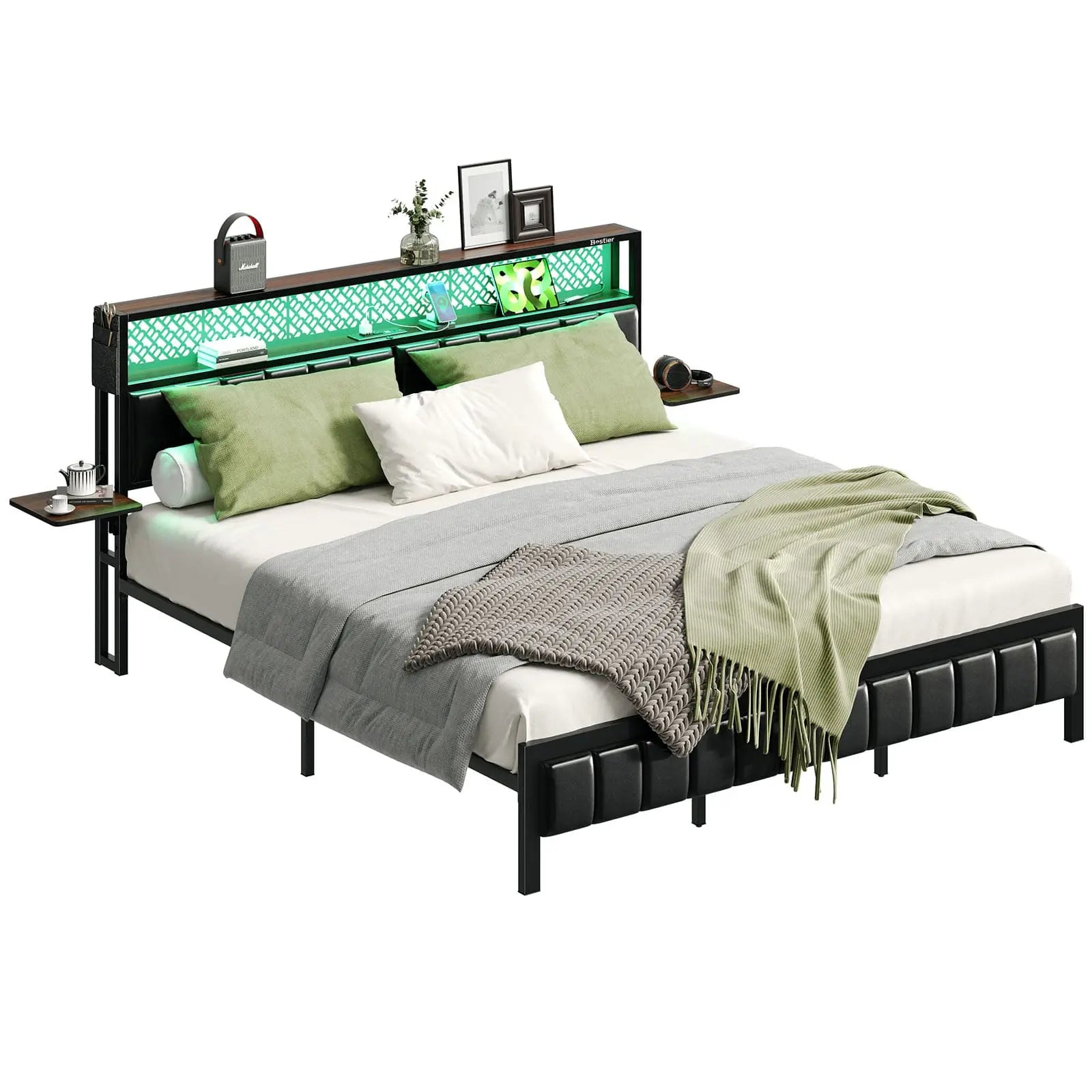 the king size bed frame with charging station in the white background