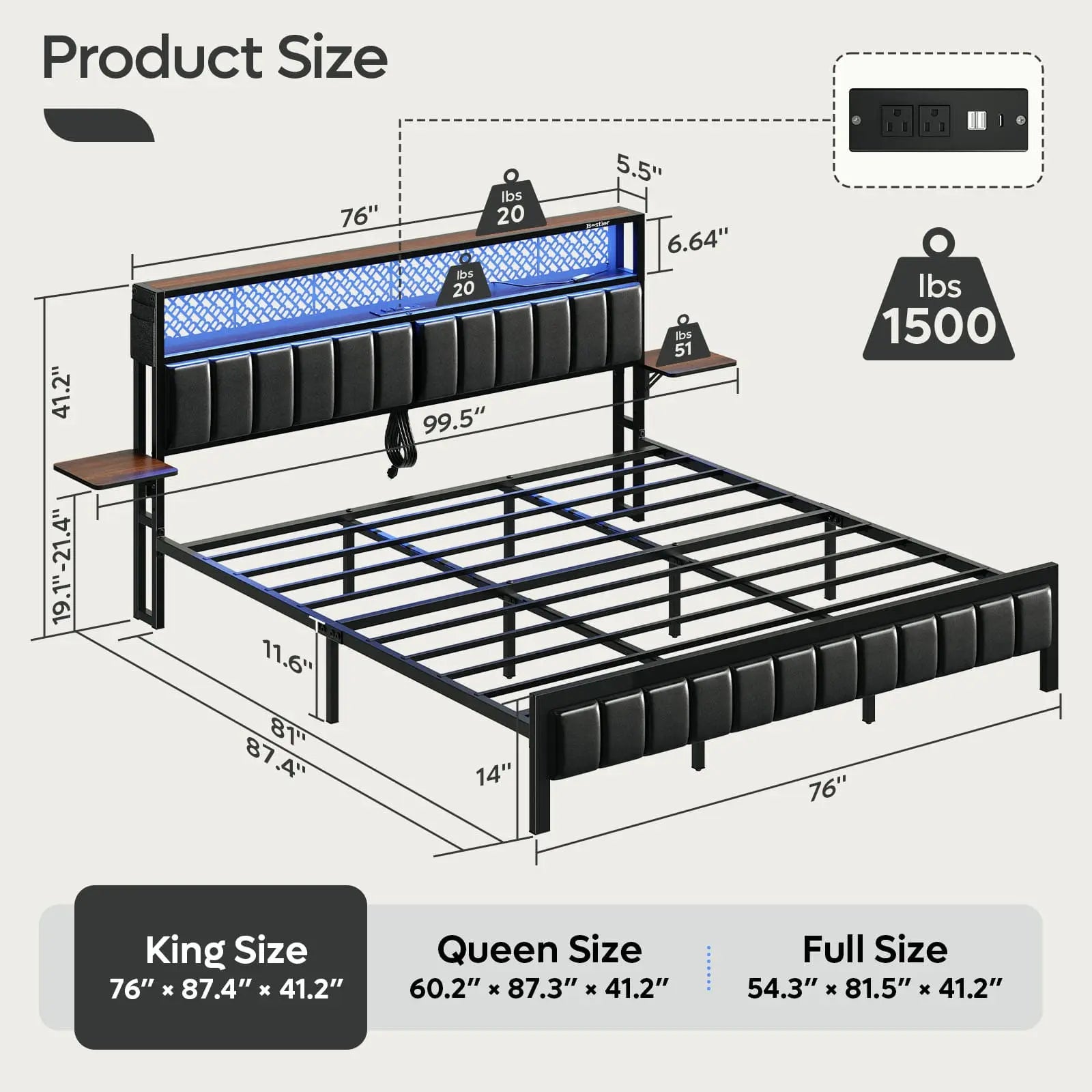 the size of the king size bed frame wih charging station