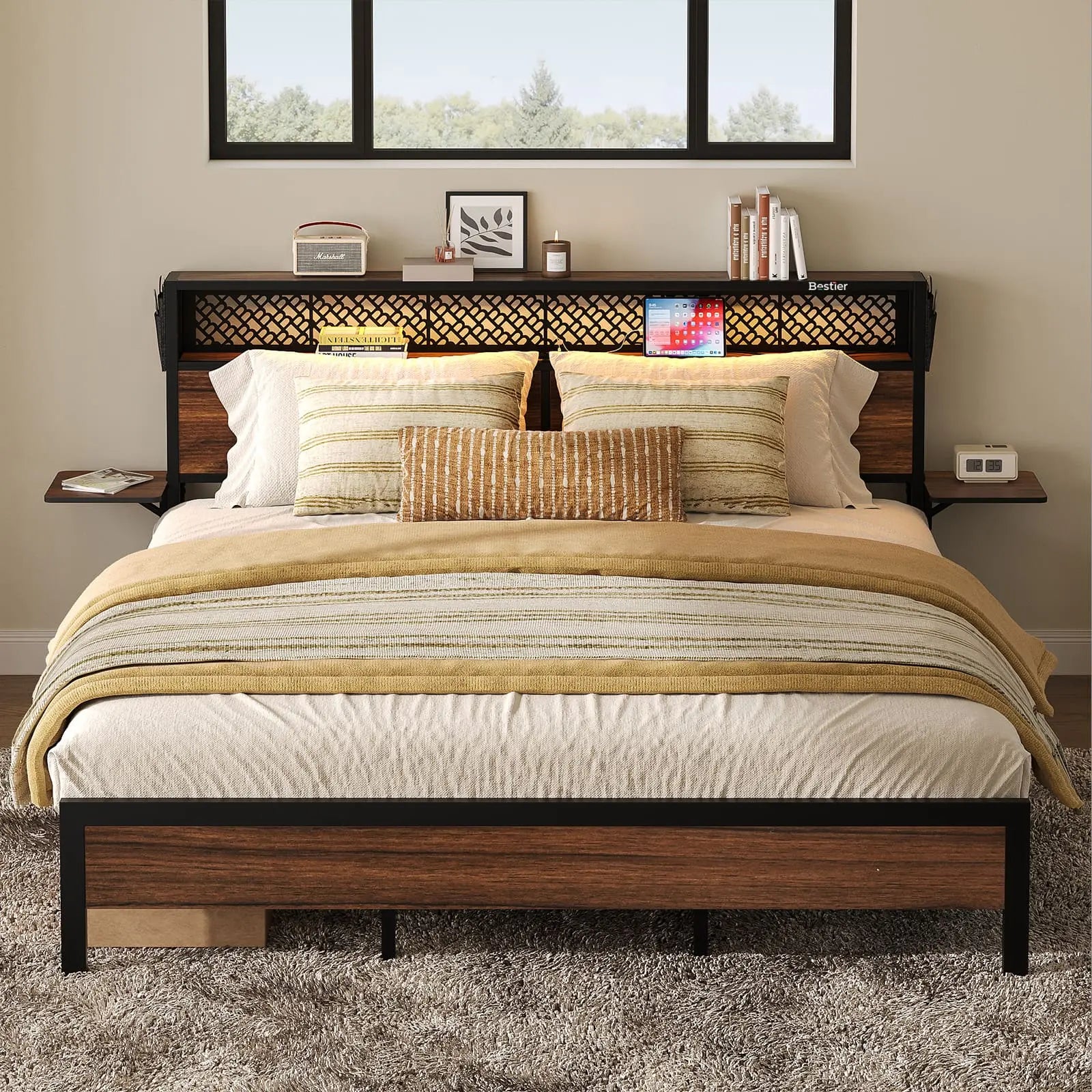 some books on the king bed frame with headboard