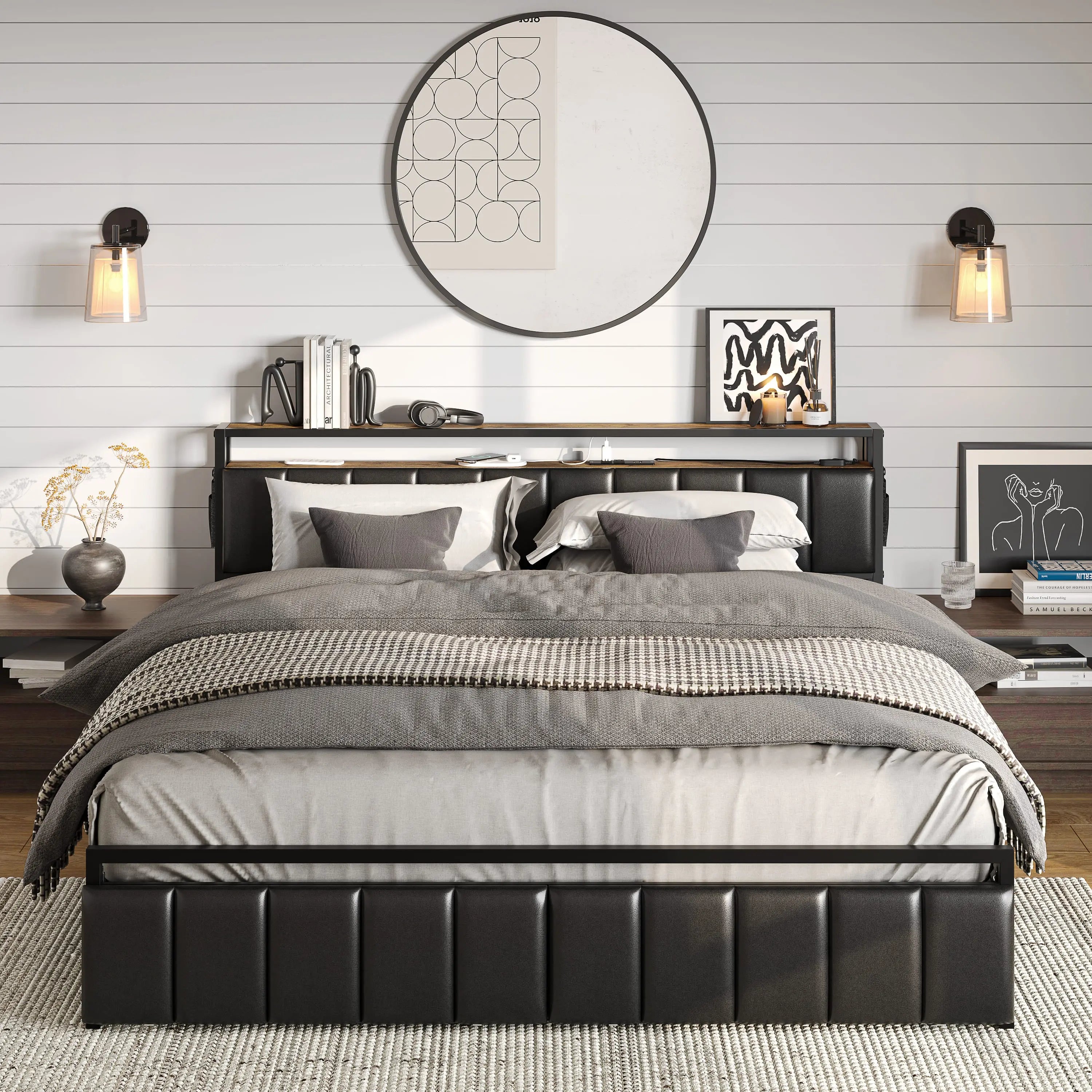 black pu leather platform king bed frame Bestier