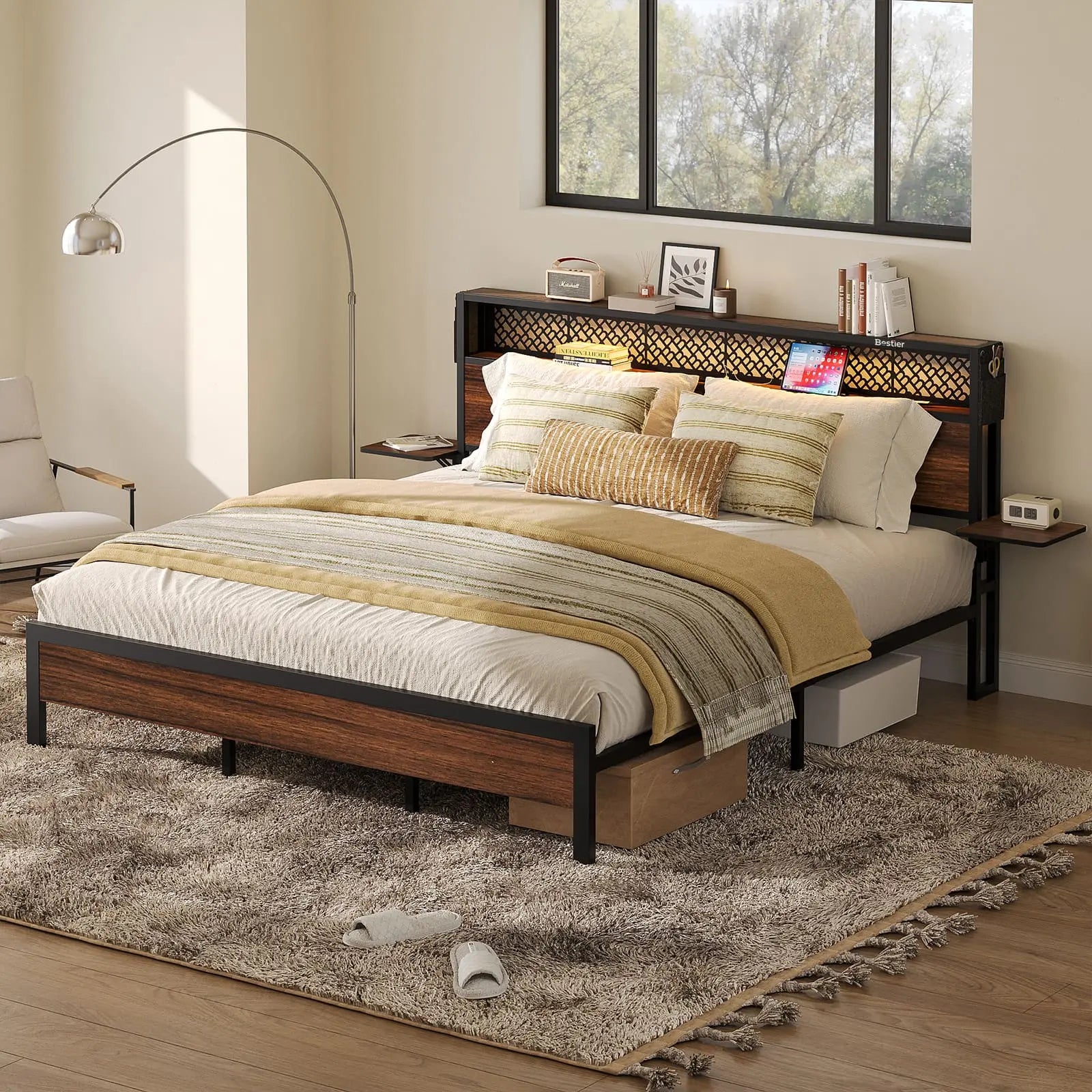 the king bed frame with headboard in a room