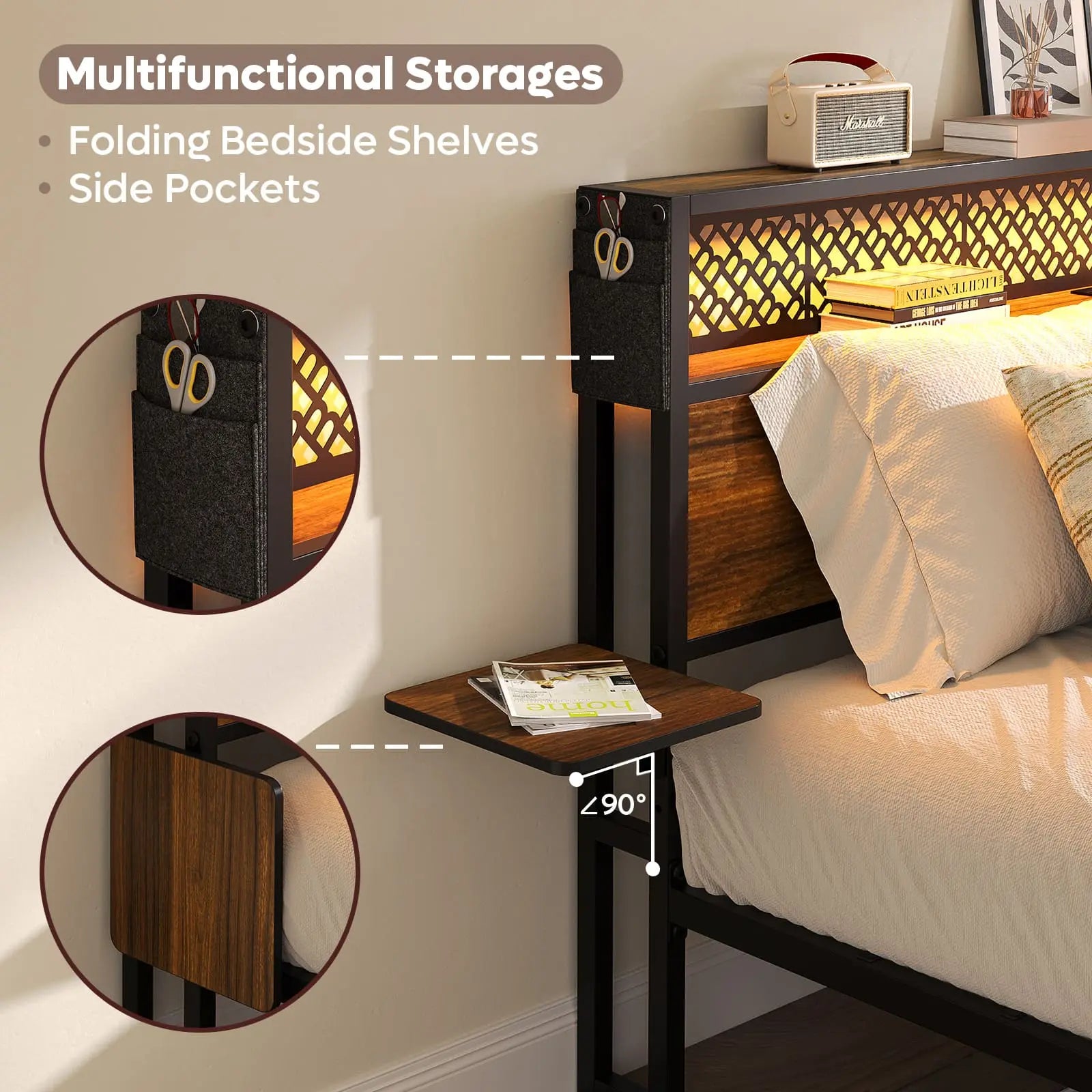 the multifunctional storages of this bed frame with headboard