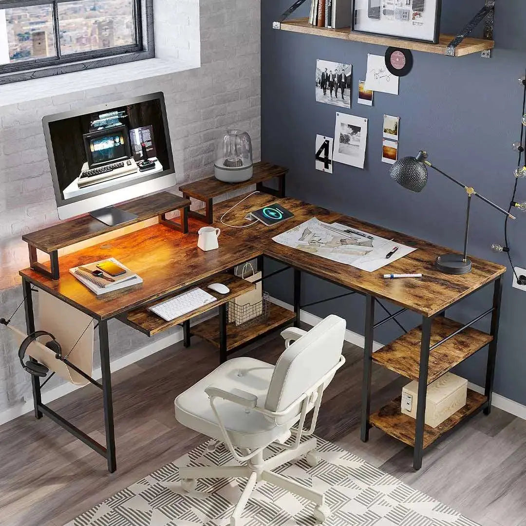 Bestier L Shaped Computer Desk of Rustic Brown