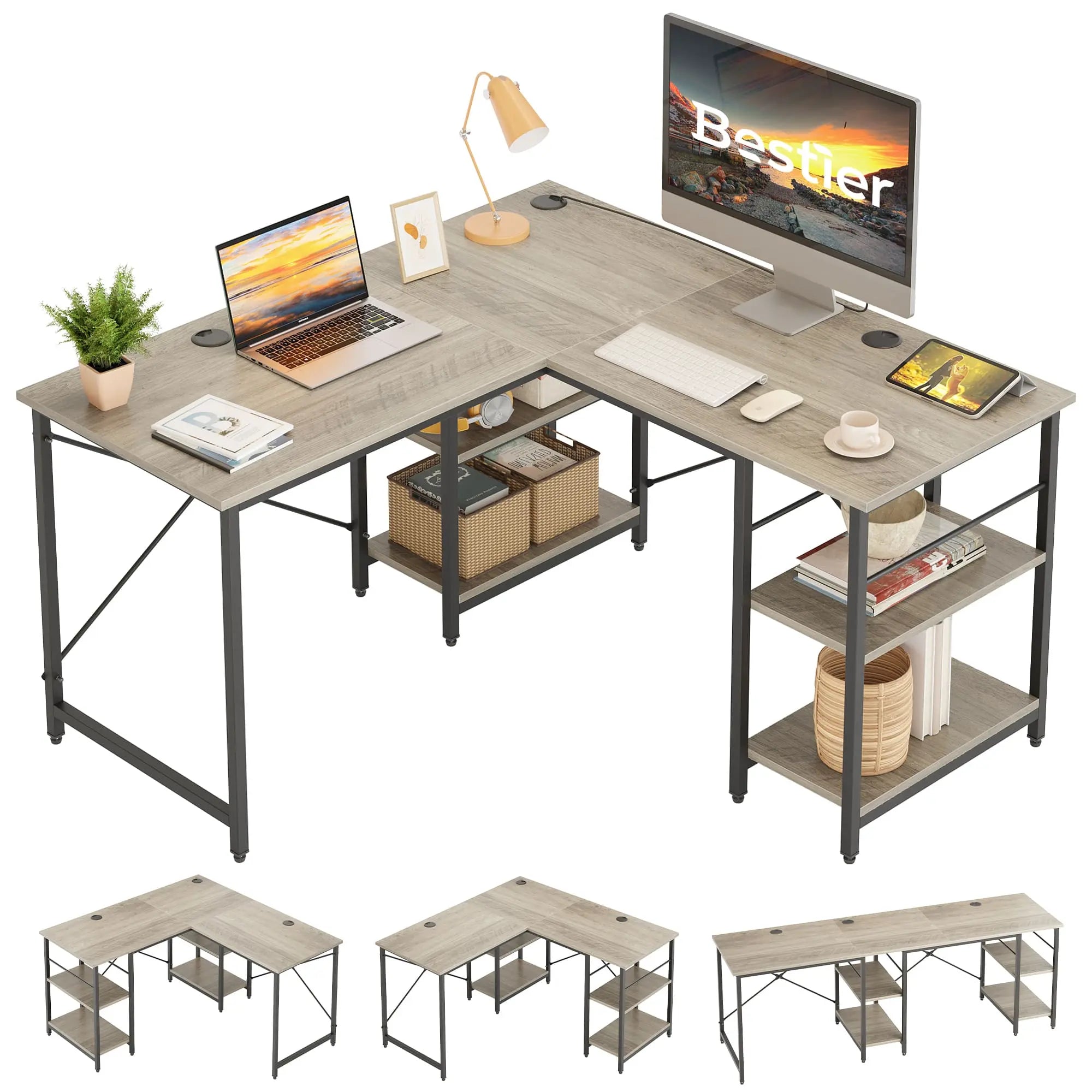 the gray oak two person l shaped computer desk in the wihte background