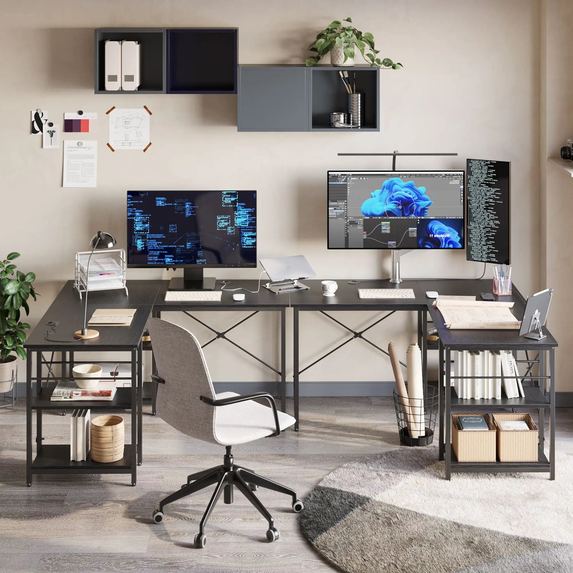 the black two person l shaped computer desks in a home office