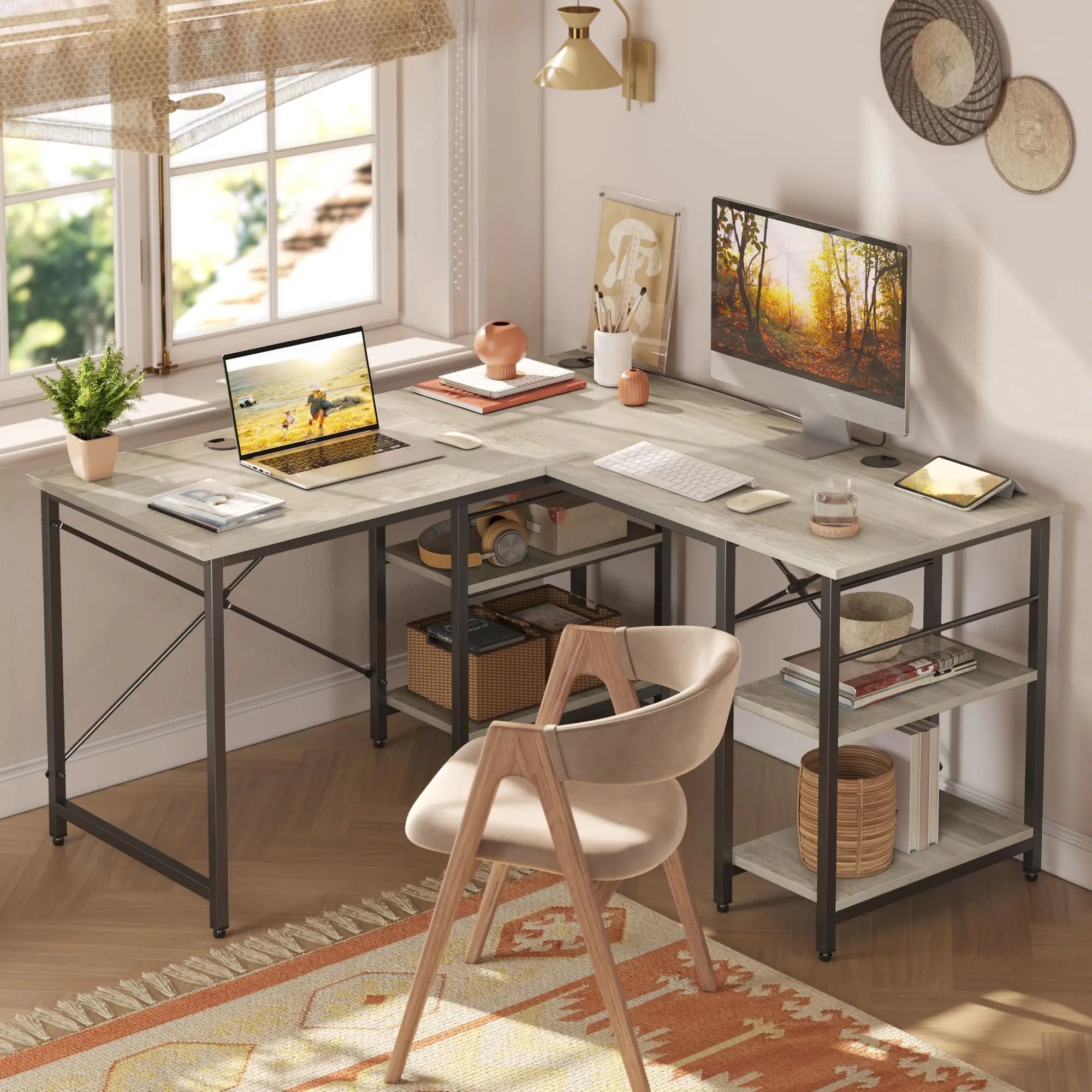 the gray oak two person l shaped computer desk