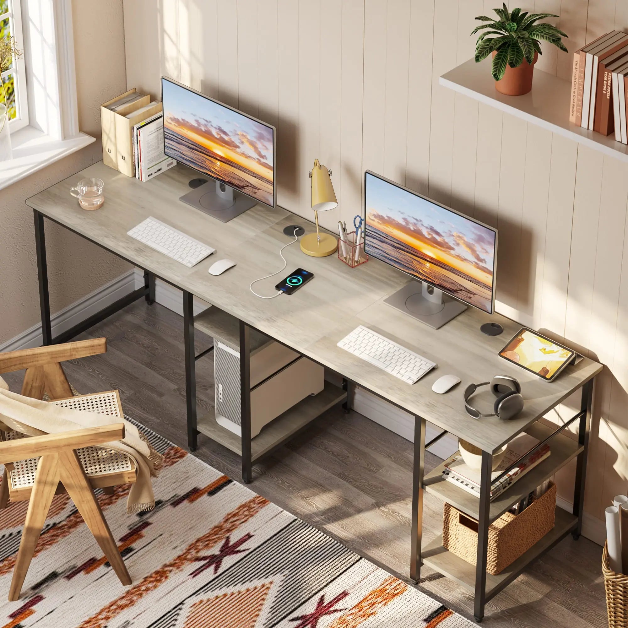 the gray oak two person l shaped computer desks in a room